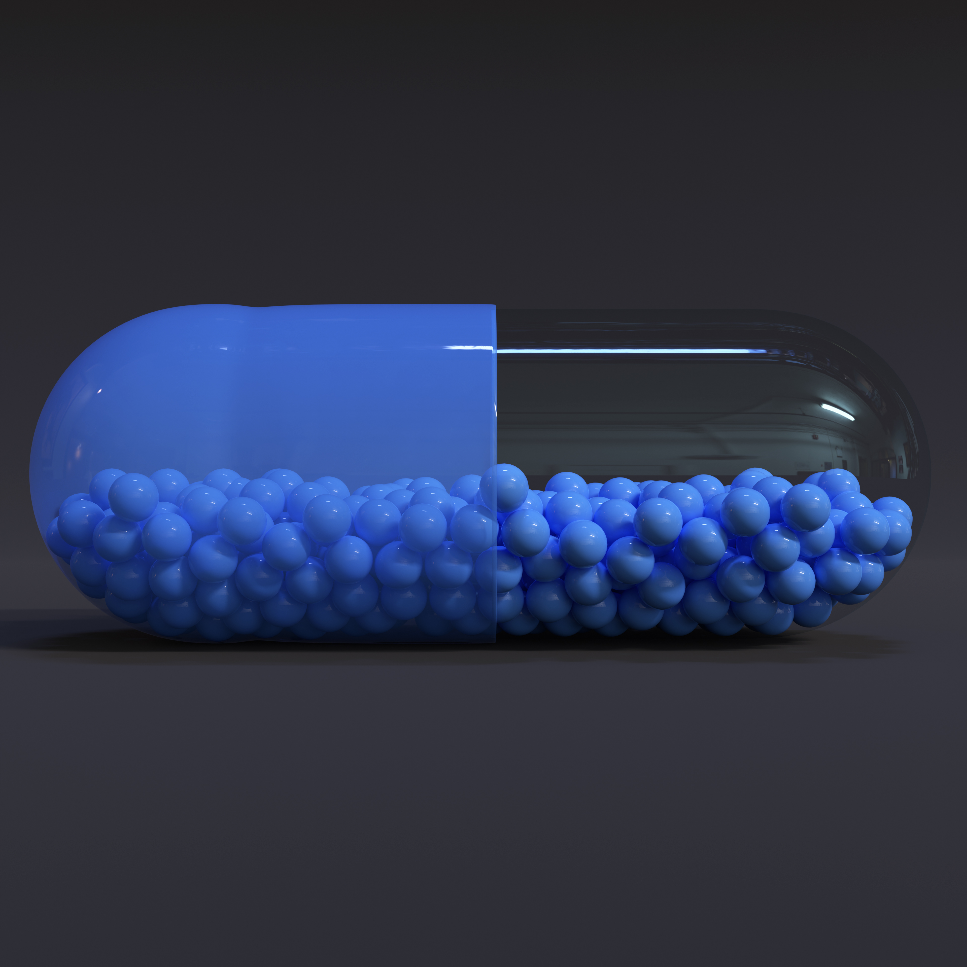 Transparent Blue Capsule With Granules With Dark Background