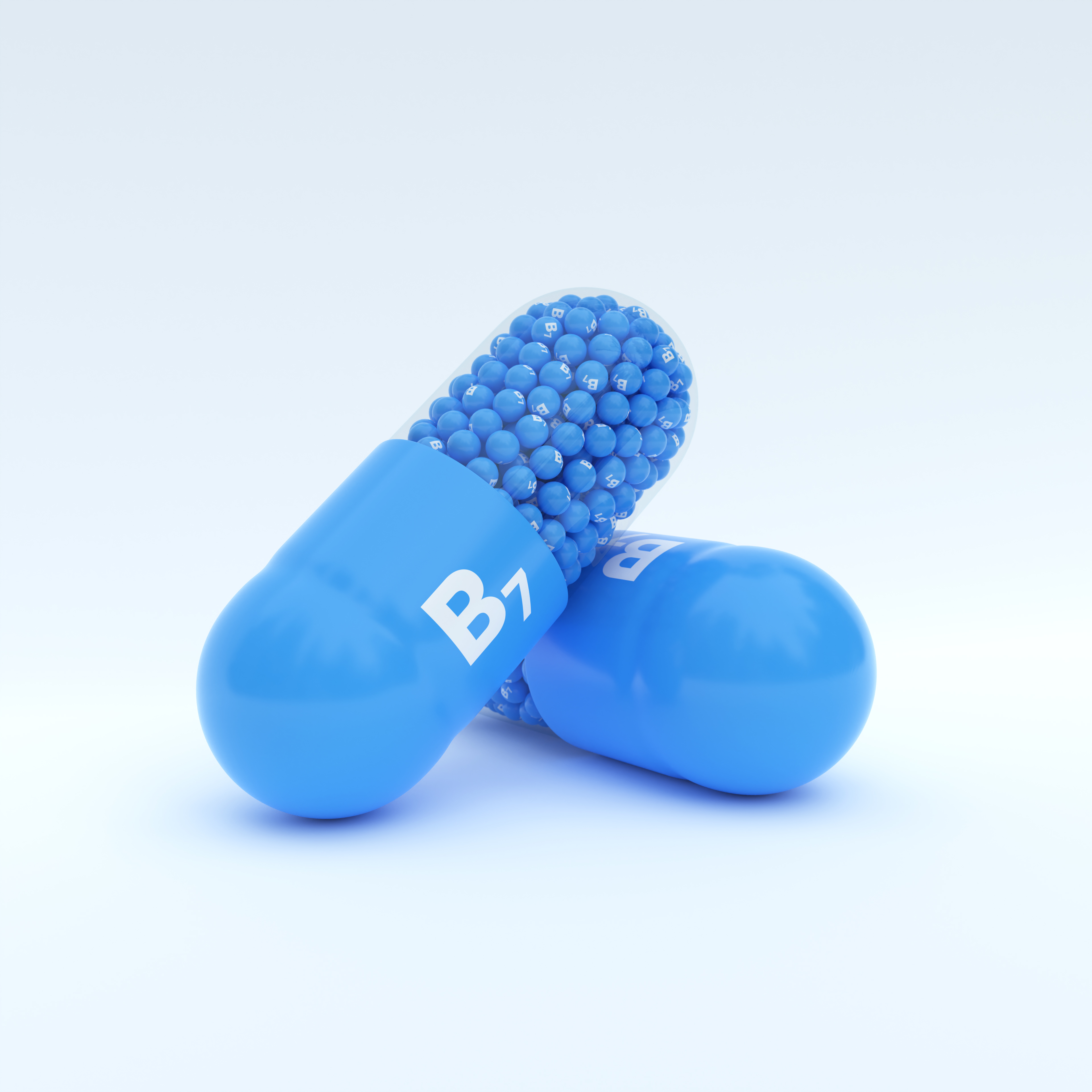 Vitamin B7 With Blue Capsule, Granules and White Background