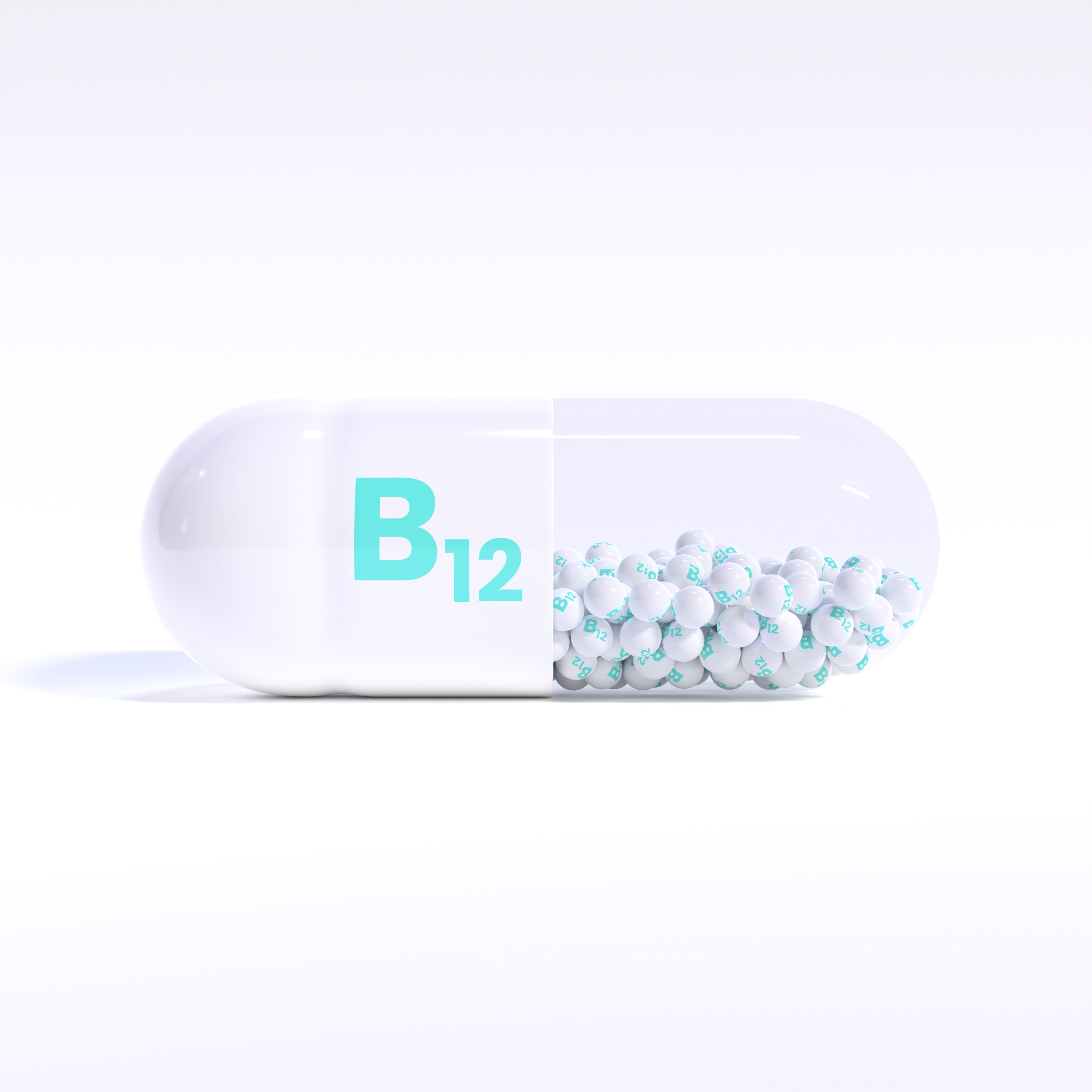 Vitamin B12 With White Capsule, Granules and White Background