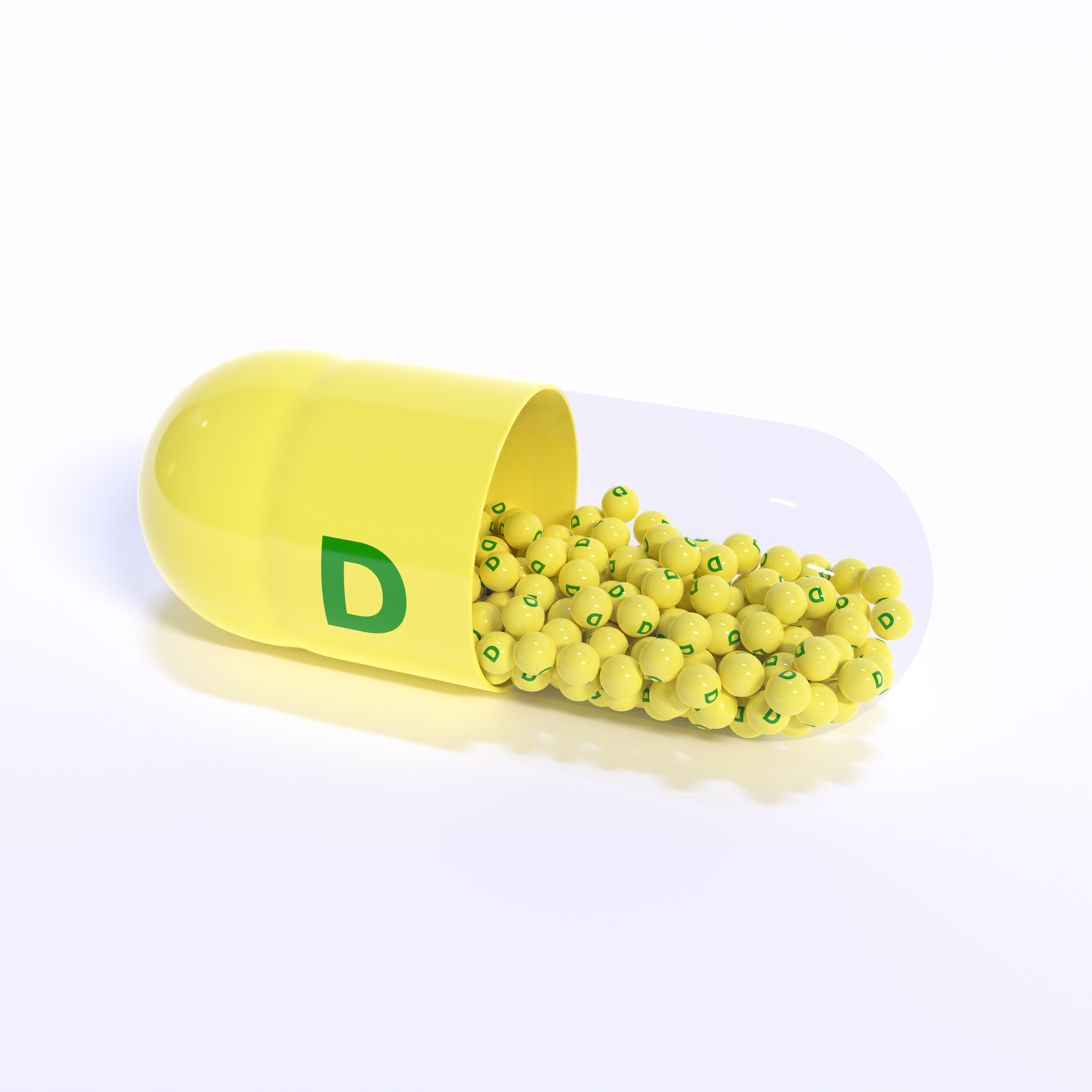 Vitamin D With Yellow Capsule, Granules and White Background