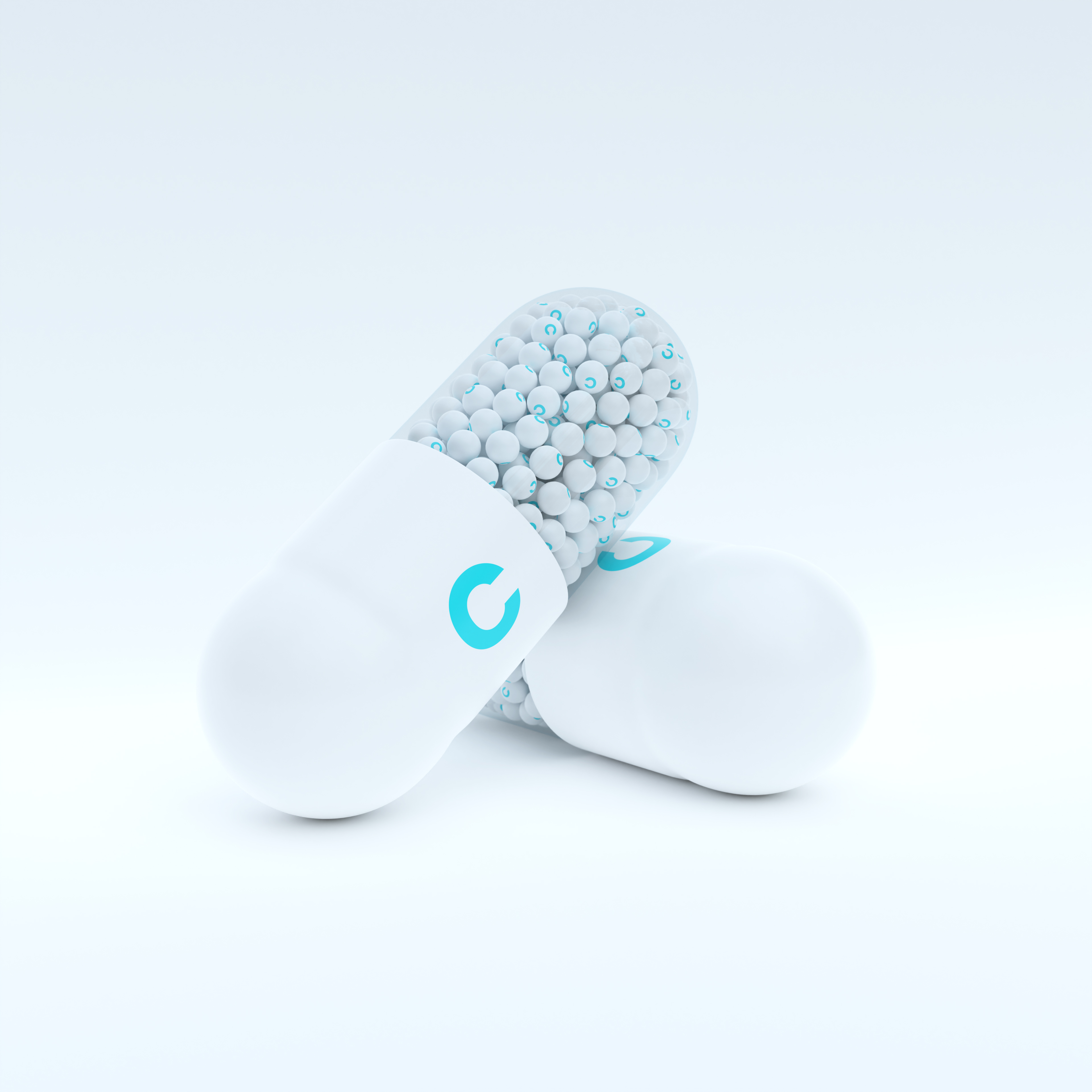 Vitamin C With White, Turqoise Capsule, Granules and Whtie Background