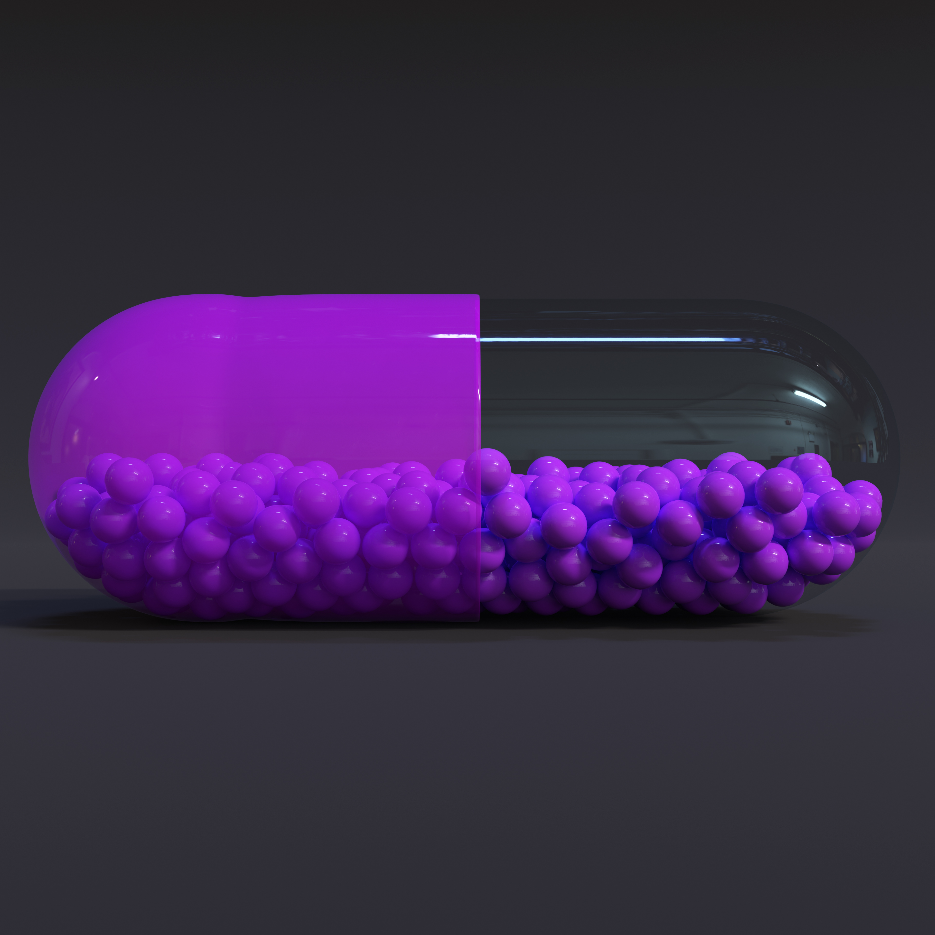 Transparent Purple Capsule With Granules With Dark Background
