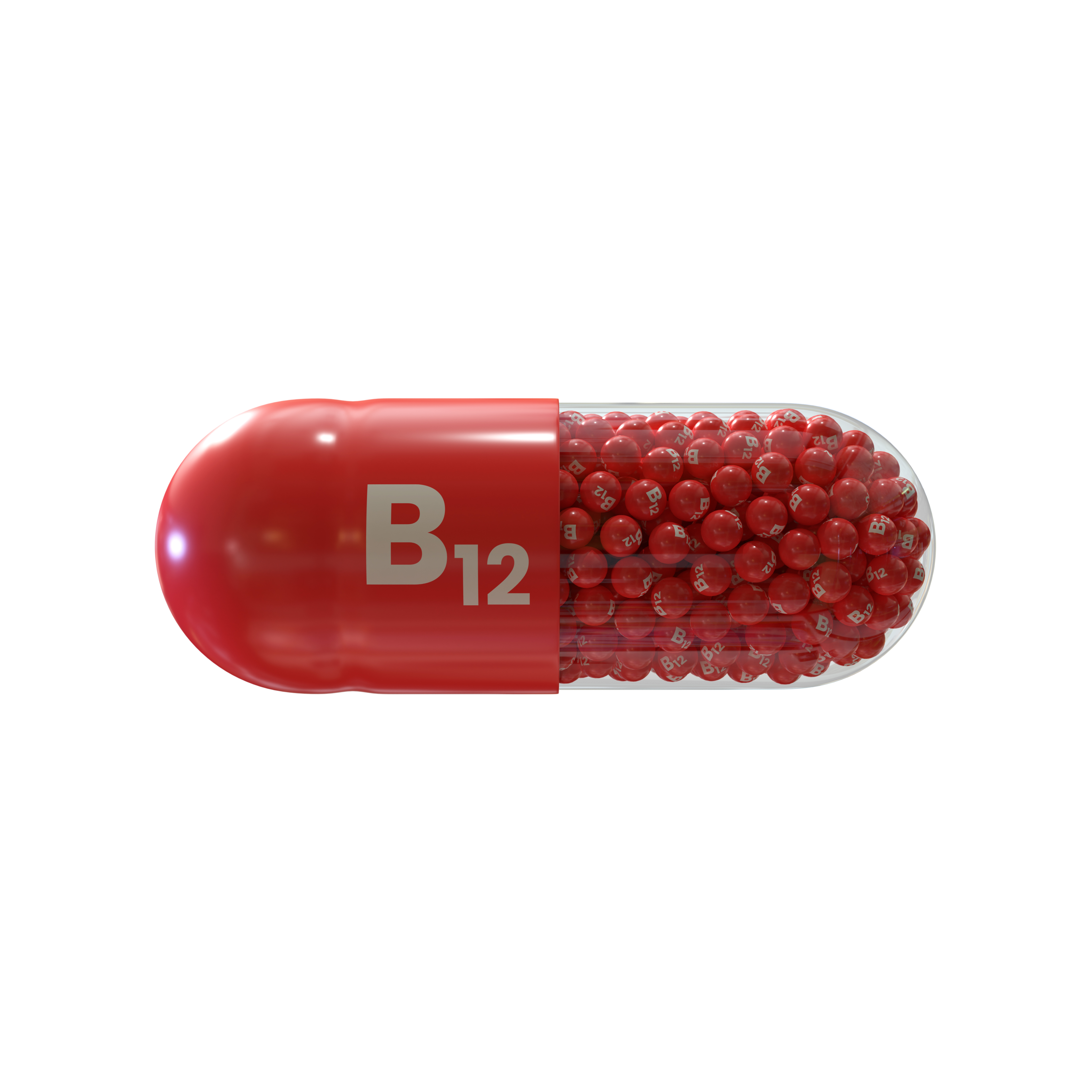 Vitamin B12 With Red Capsule, Granules and White Background