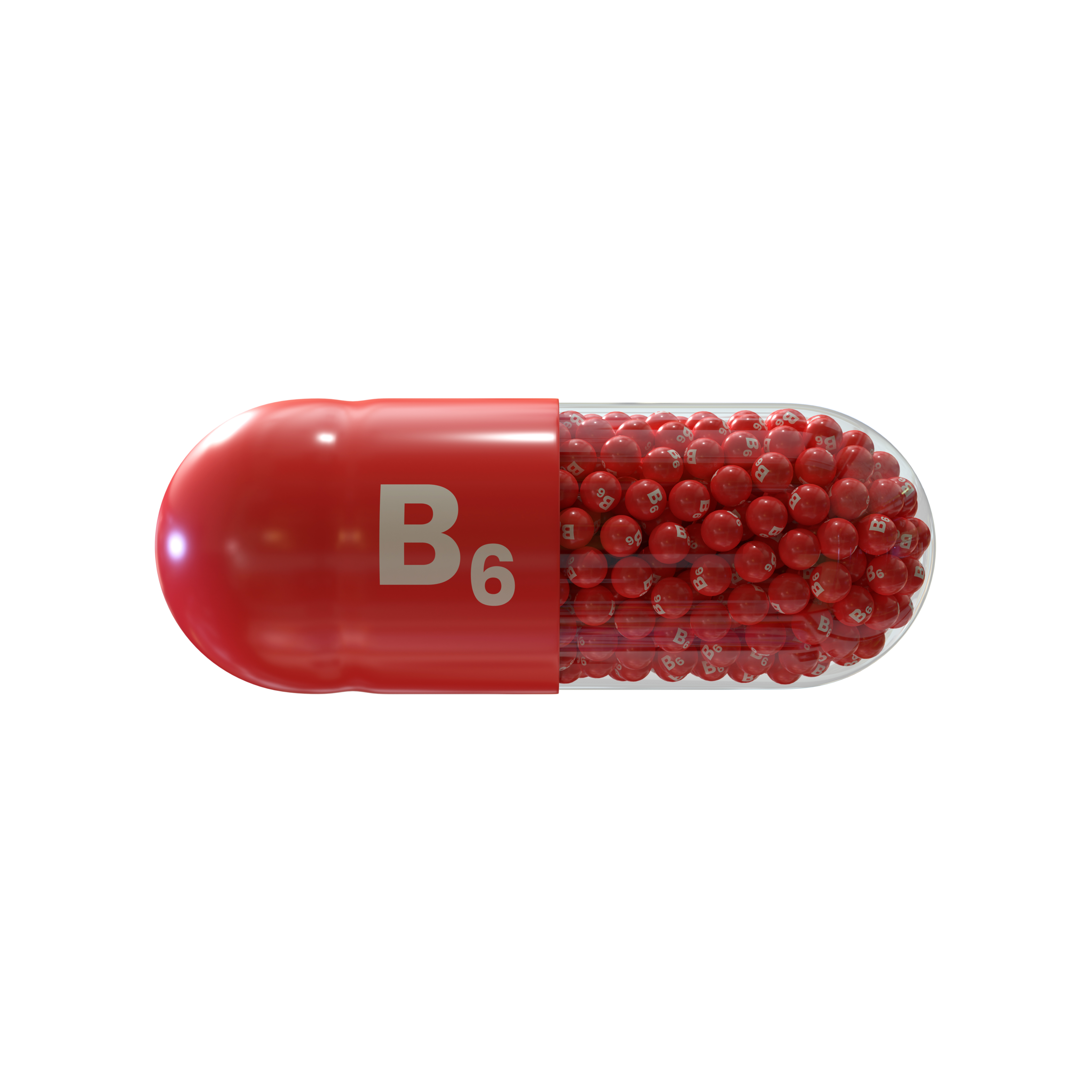 Vitamin B6 With Red Capsule, Granules and White Background