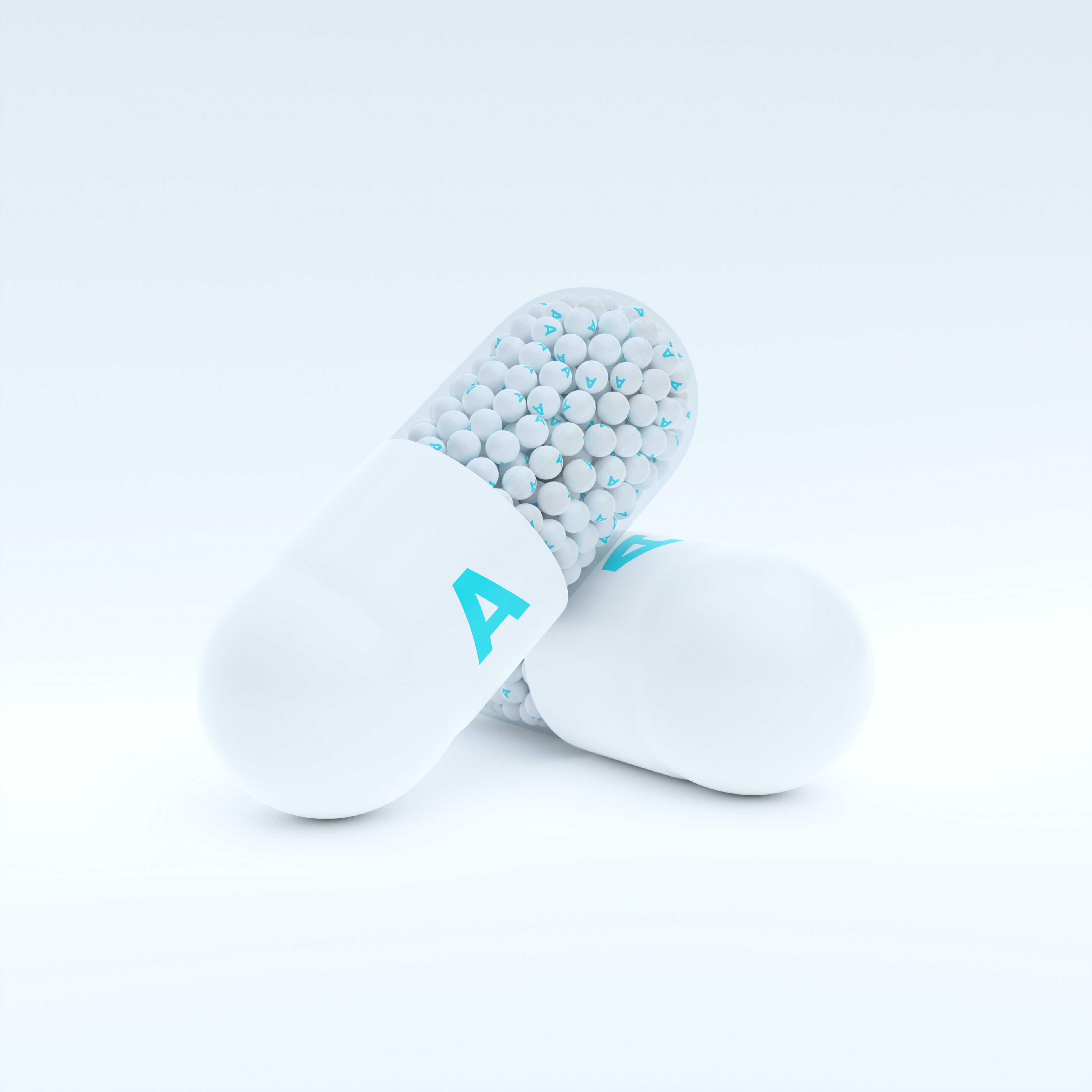 Vitamin A With White, Turqoise Capsule, Granules and Whtie Background