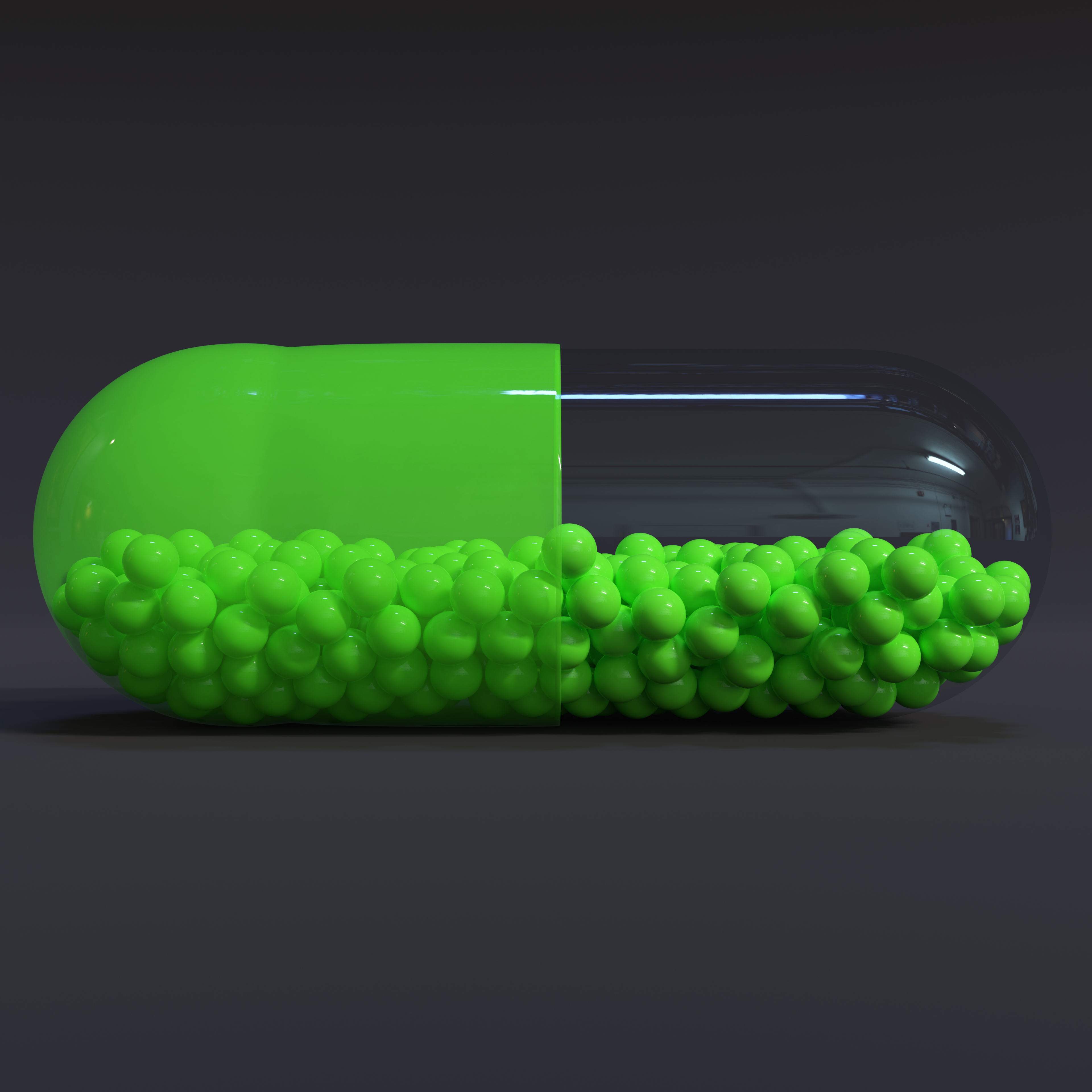 Transparent Green Capsule With Granules With Dark Background