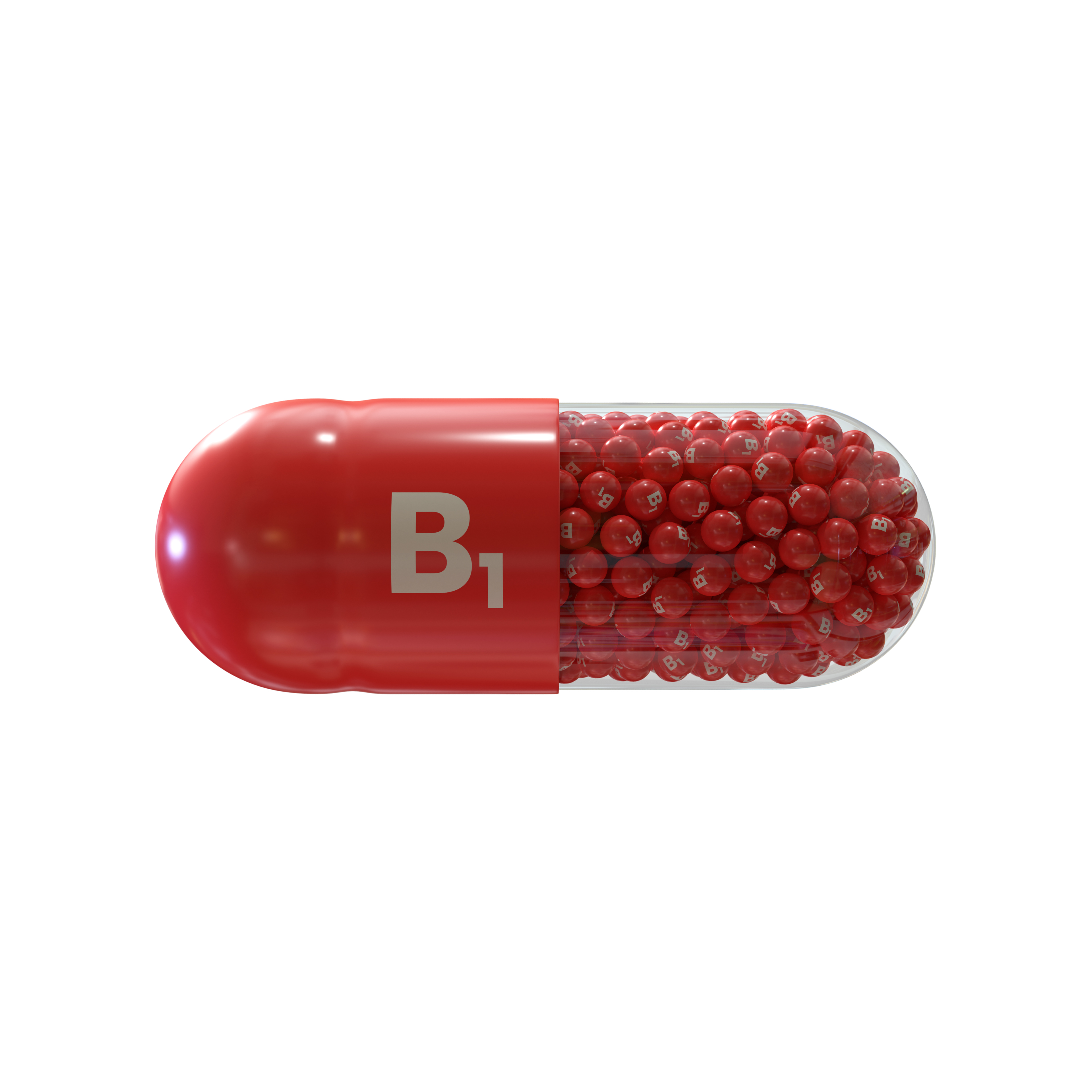Vitamin B1 With Red Capsule, Granules and White Background