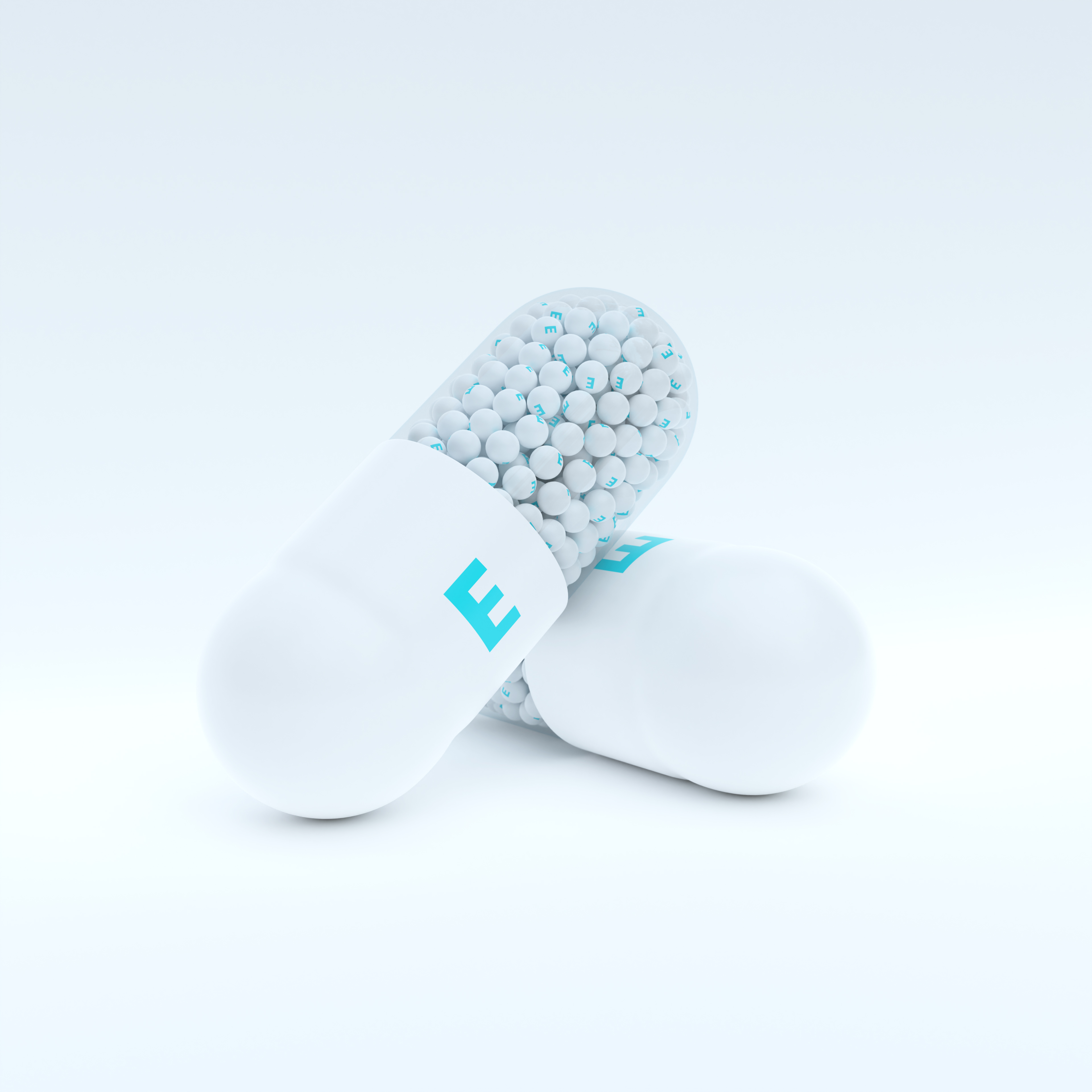 Vitamin E With White, Turqoise Capsule, Granules and Whtie Background