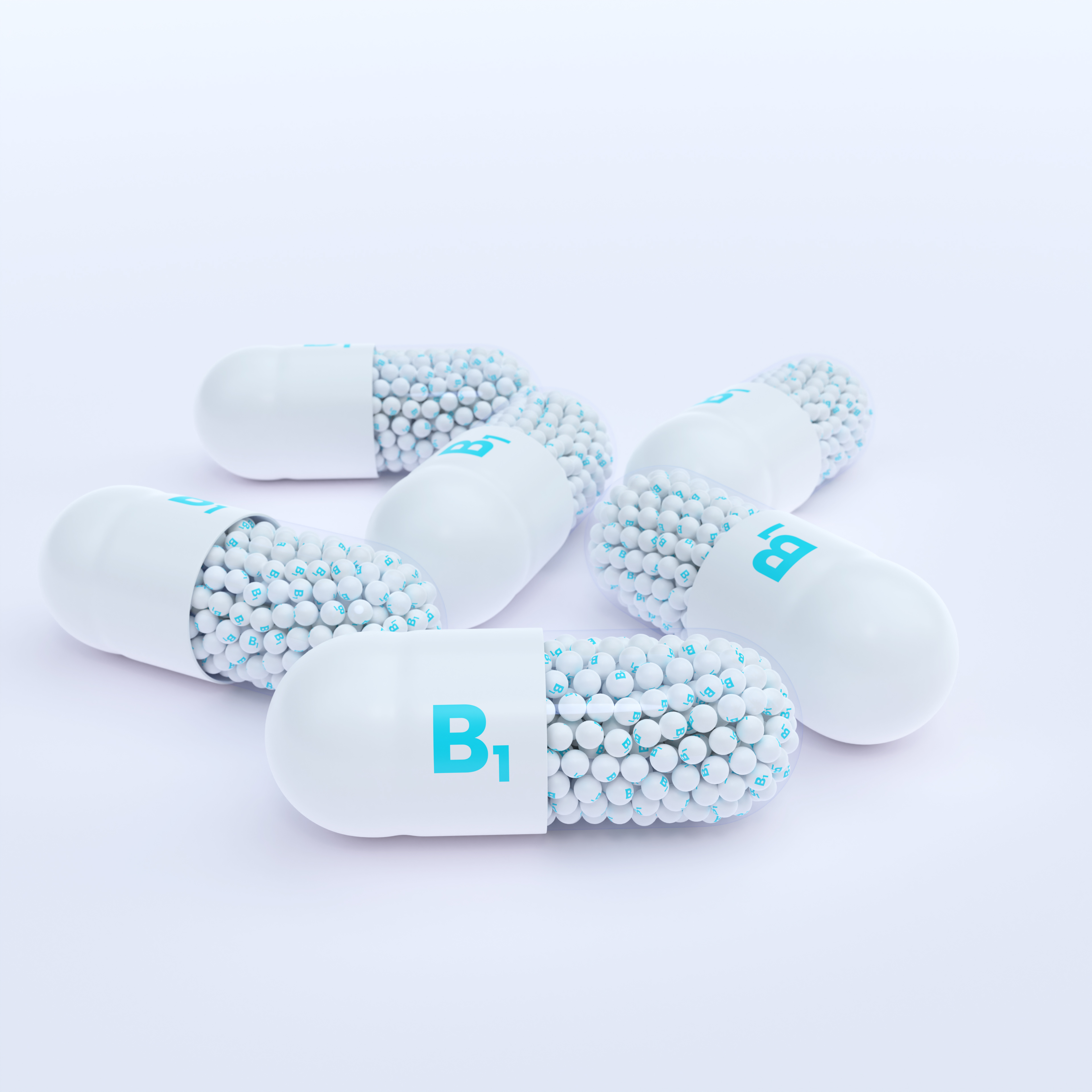 Vitamin B1 With White Capsules, Granules and White Background
