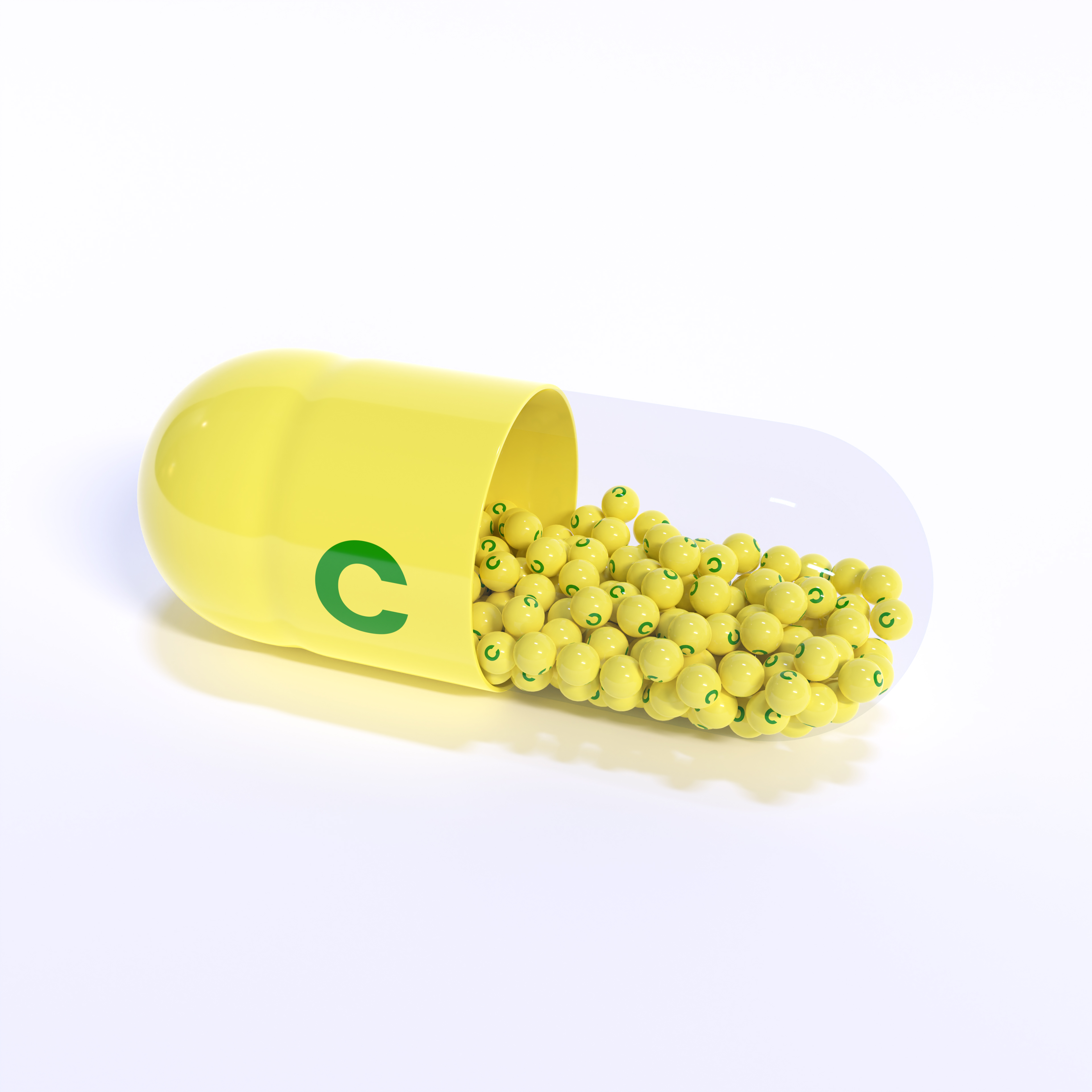 Vitamin C With Yellow Capsule, Granules and White Background