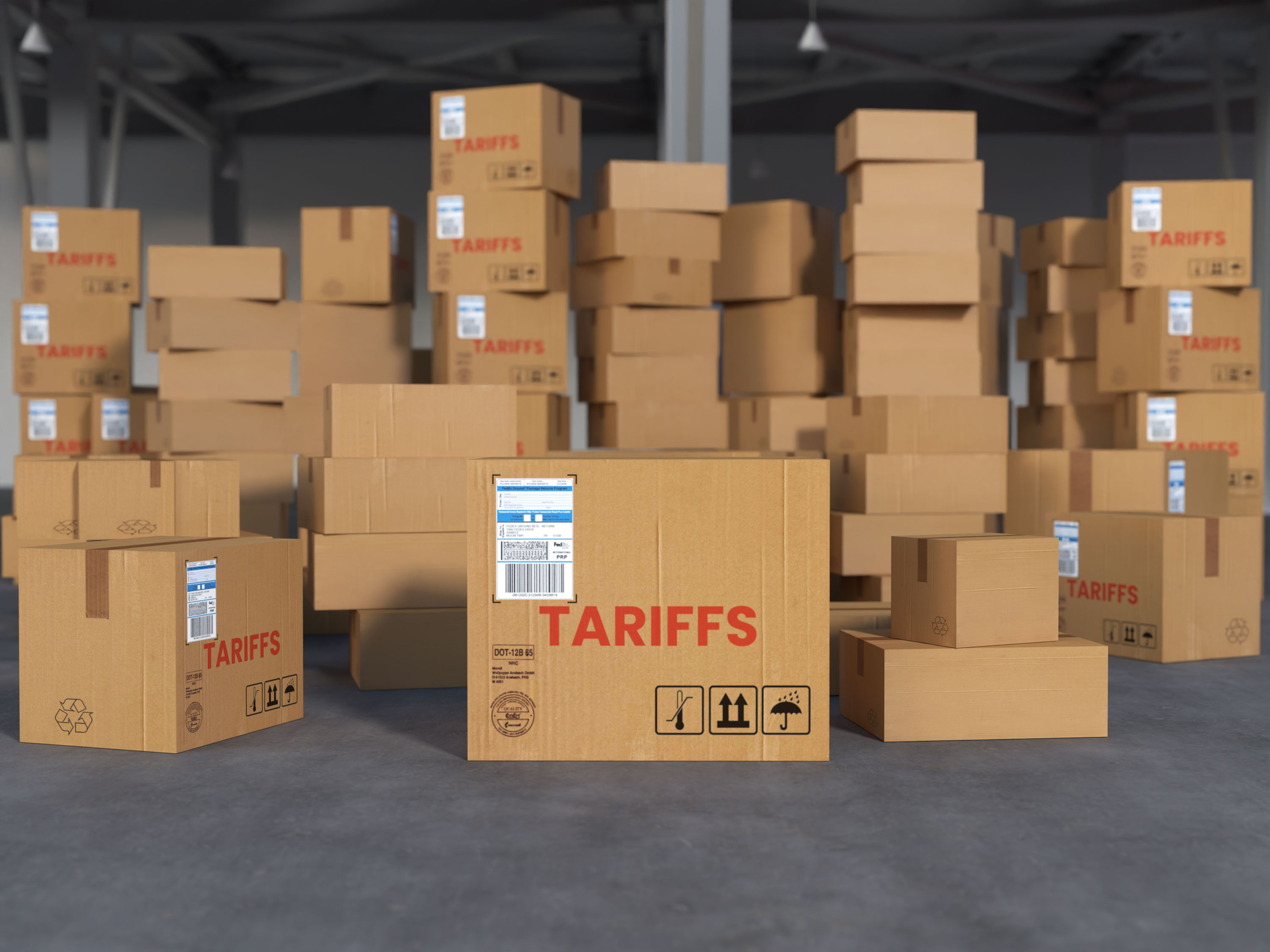 Tariffs Label on Cardboard Boxes