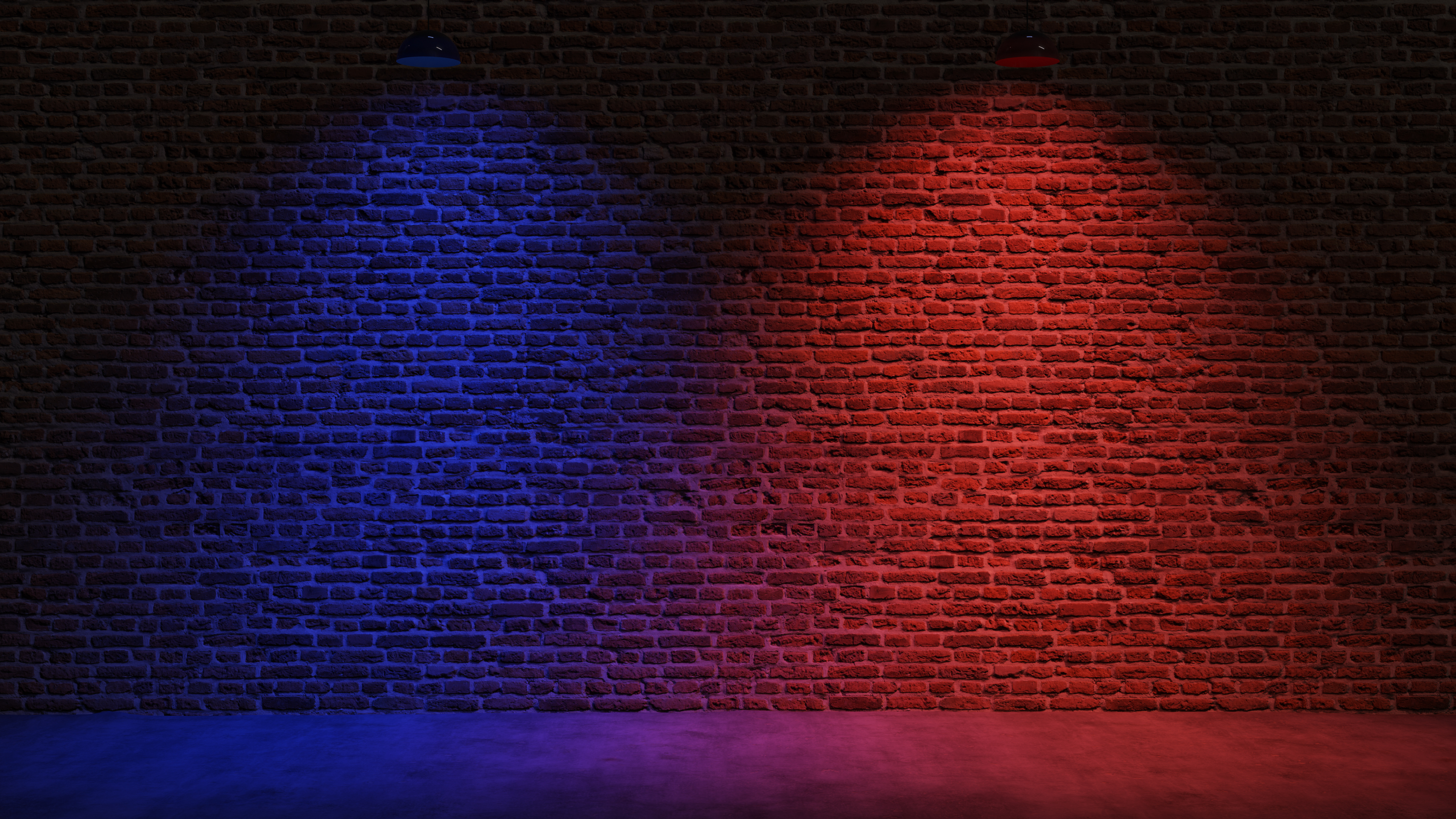 Brown brick wall background with spot lighting effect. Blue, red