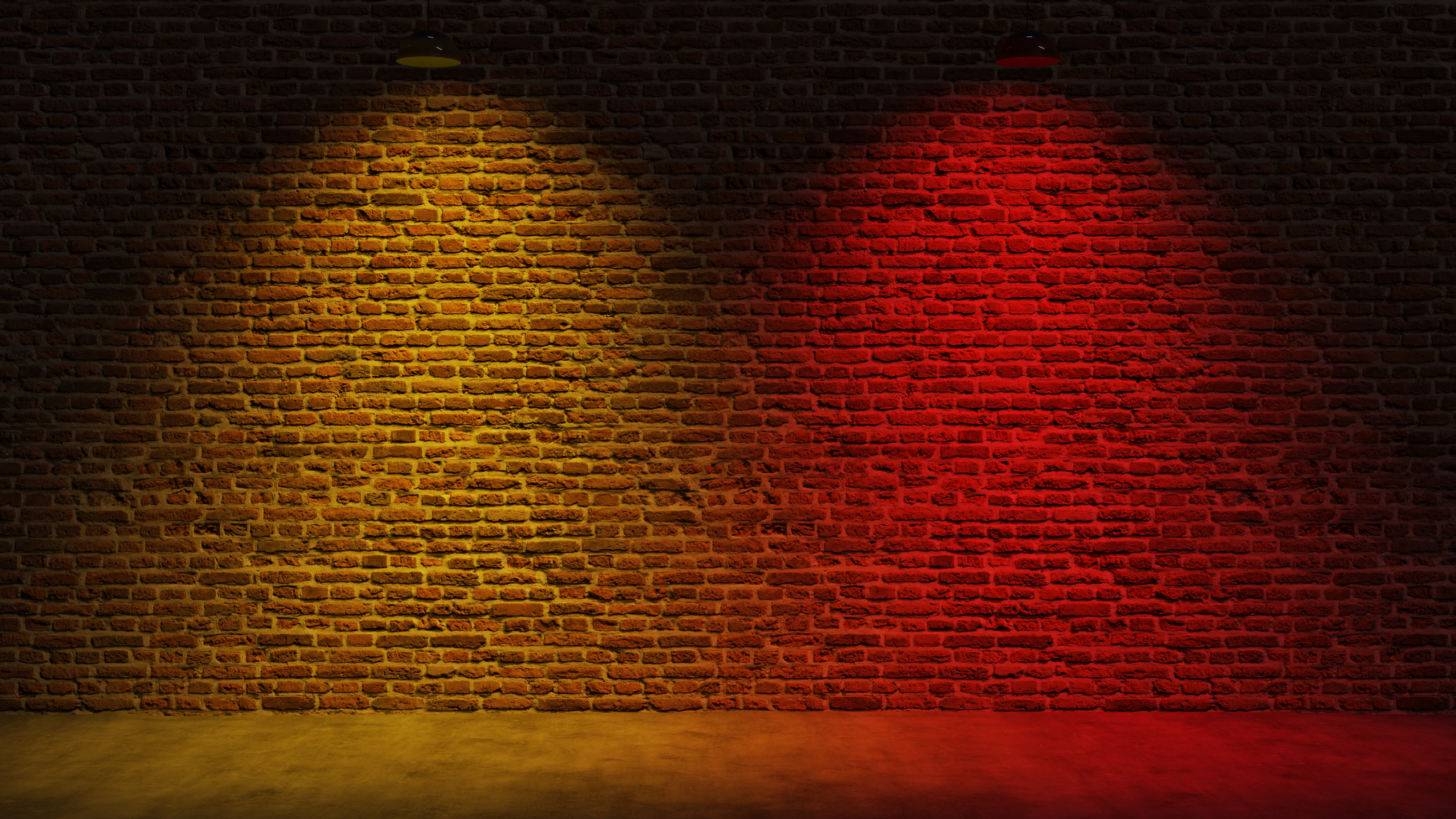 Brown brick wall background with spot lighting effect. Yellow, Red