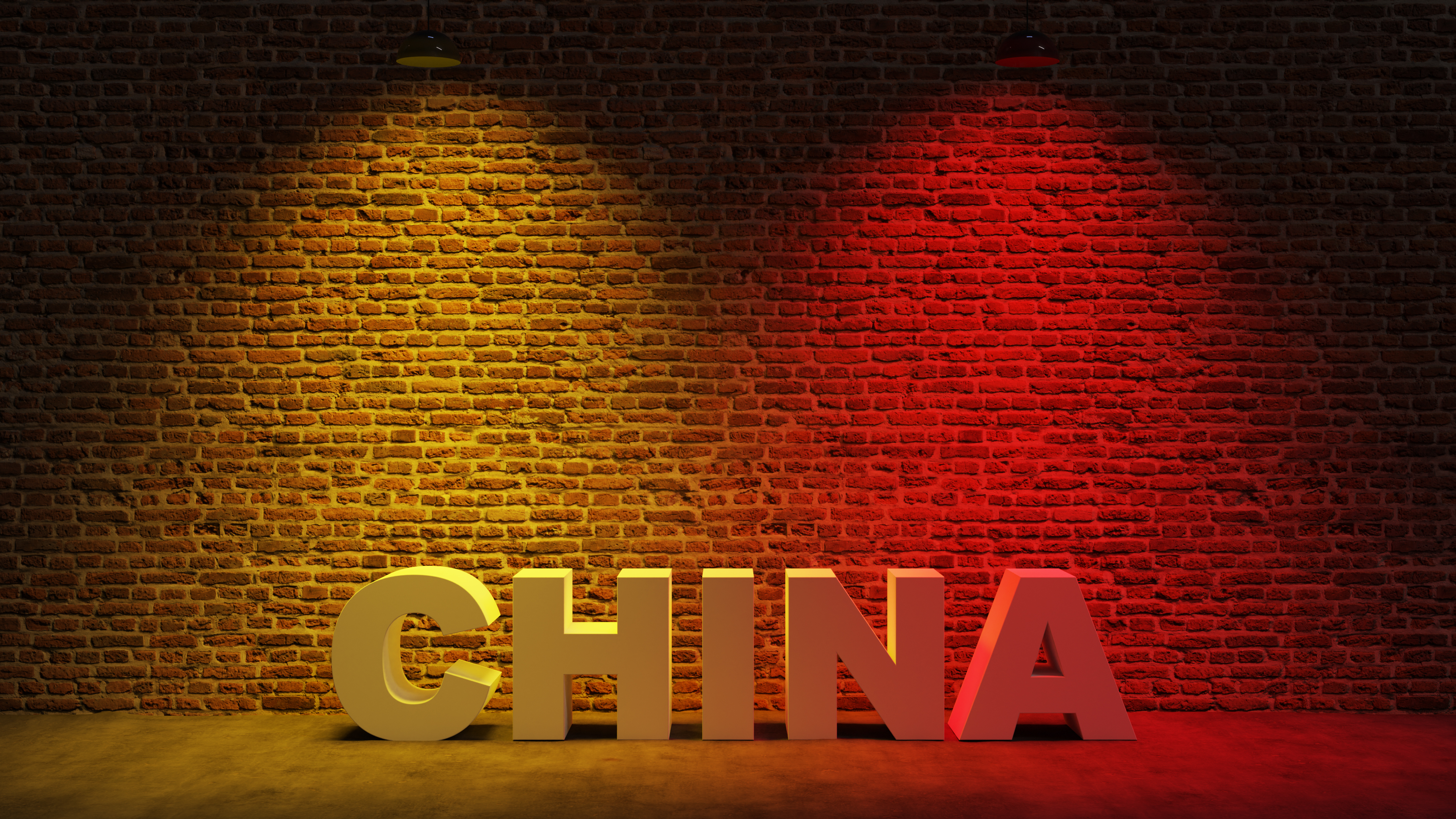 Brown brick wall background with spot lighting effect. Yellow, Red. CHINA