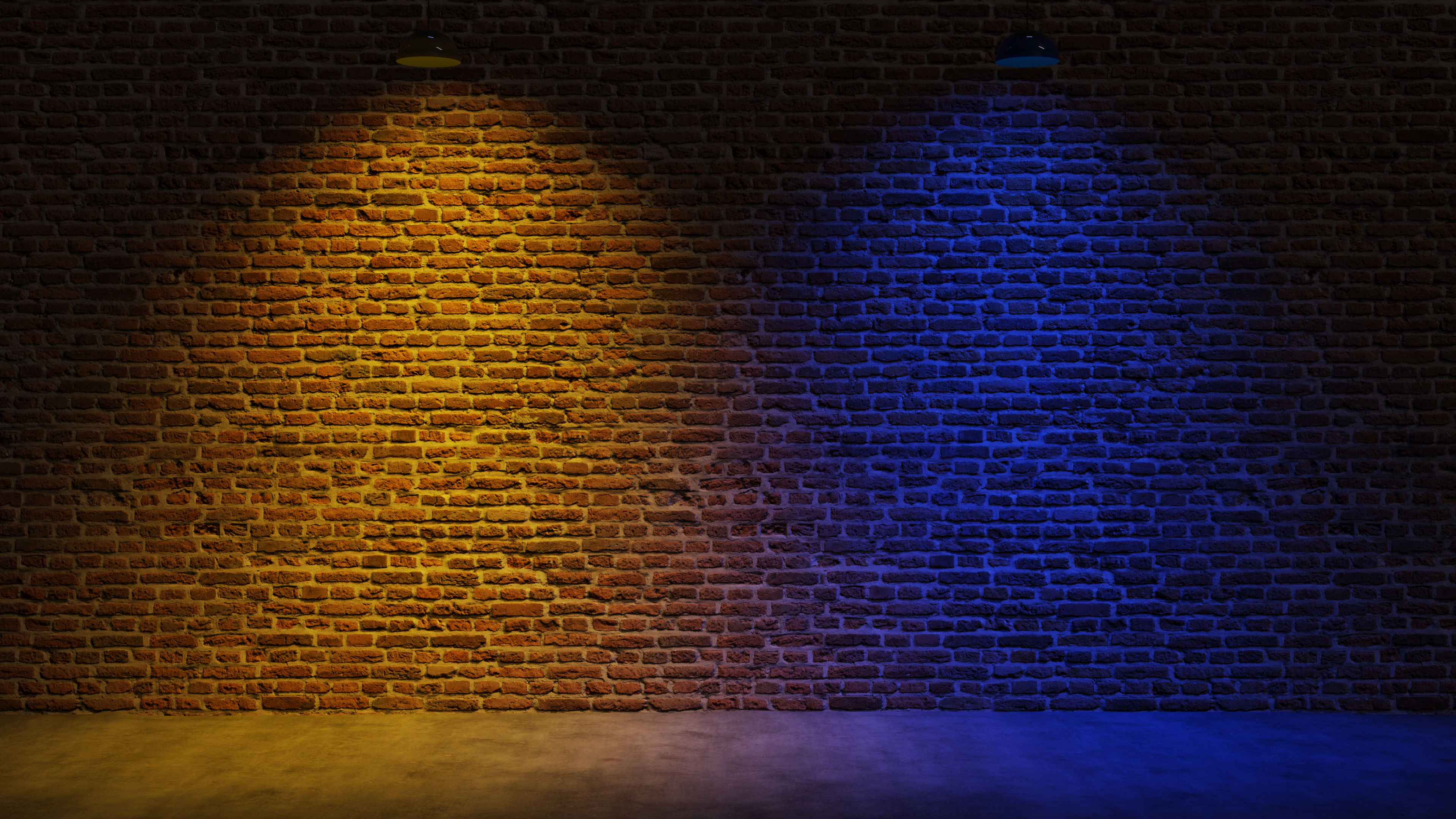 Brown brick wall background with spot lighting effect. Yellow, Blue