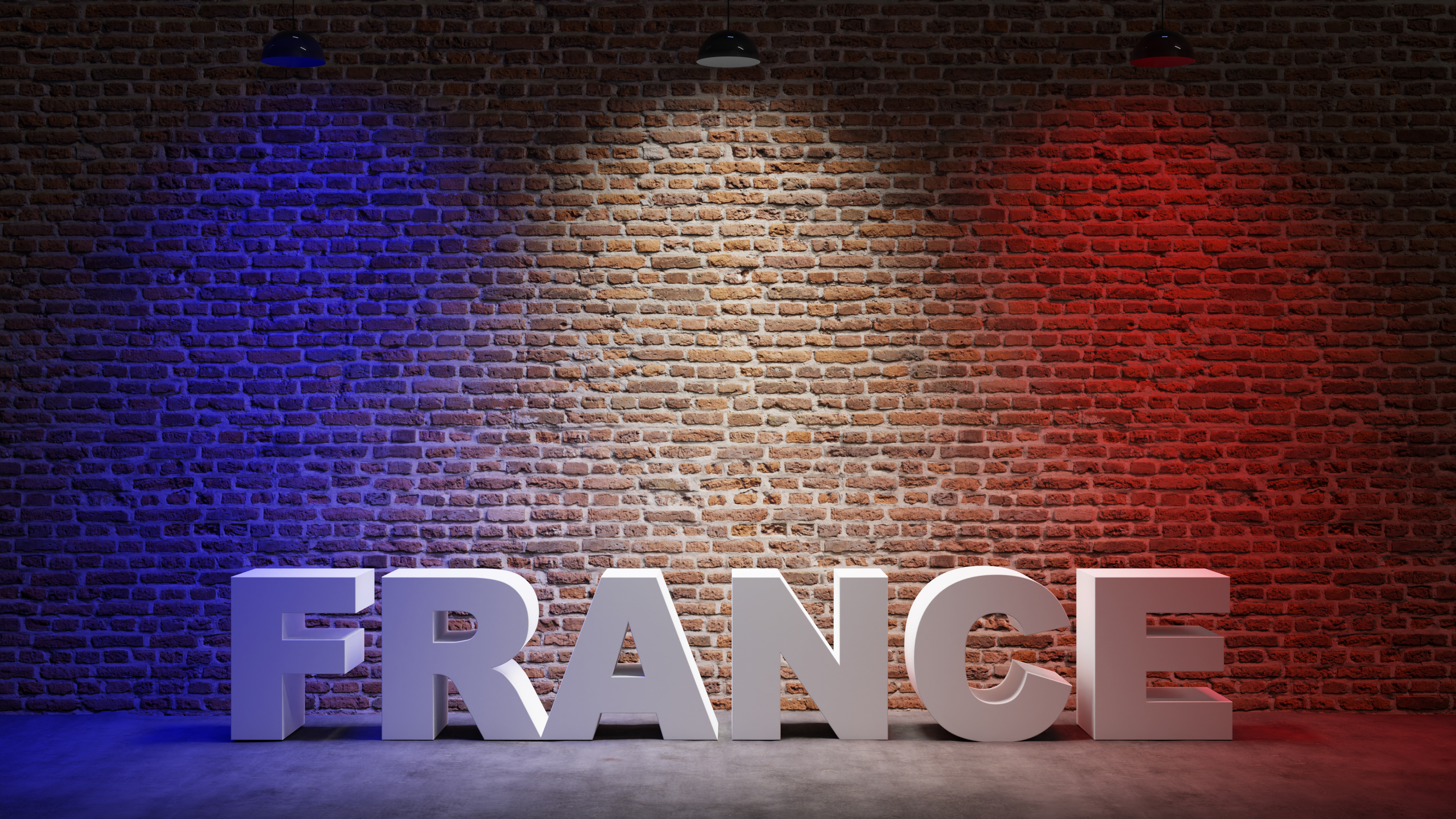 Brown brick wall background with spot lighting effect. Blue. White, Red. FRANCE