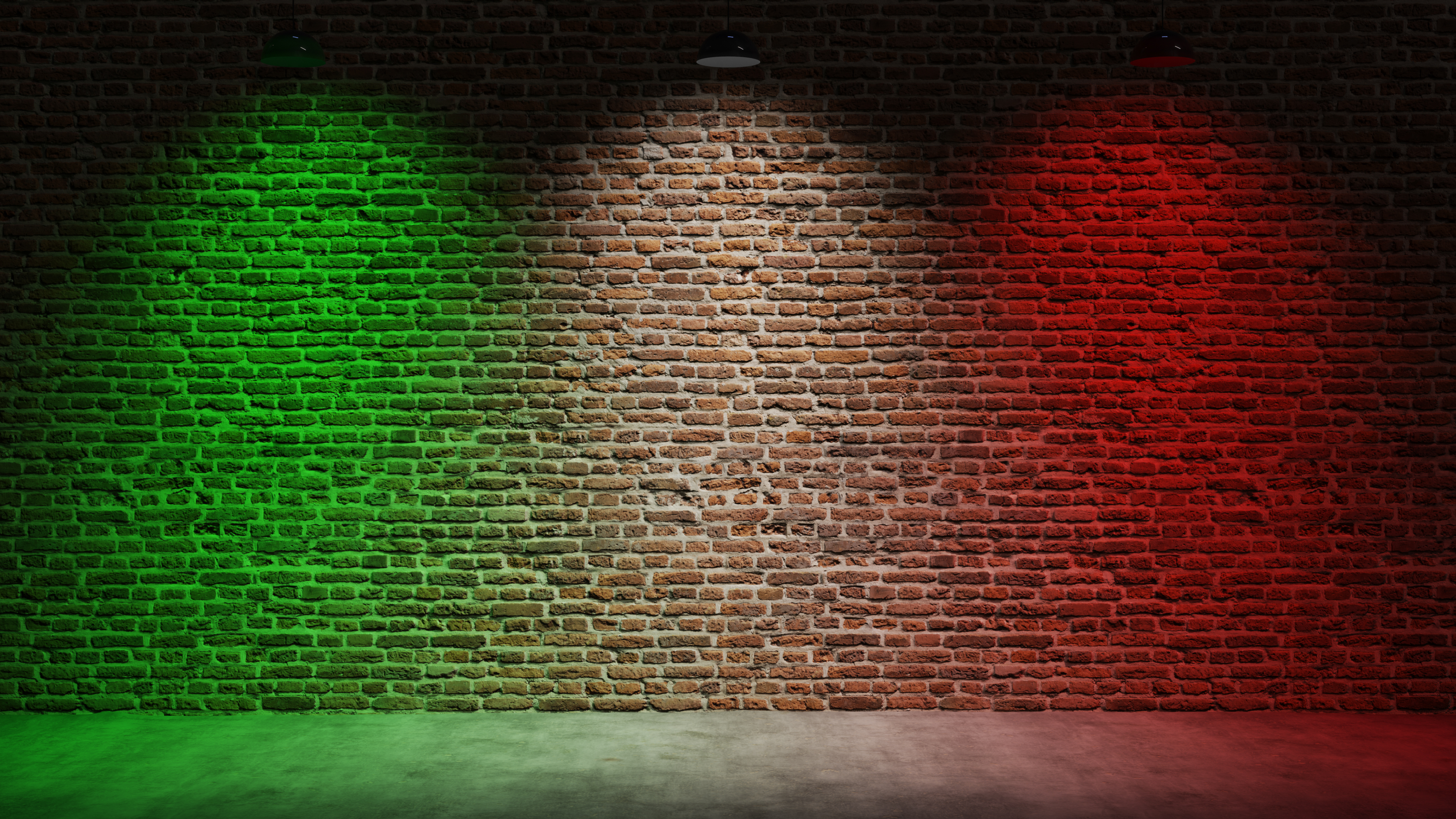 Brown brick wall background with spot lighting effect. Green, White, Red