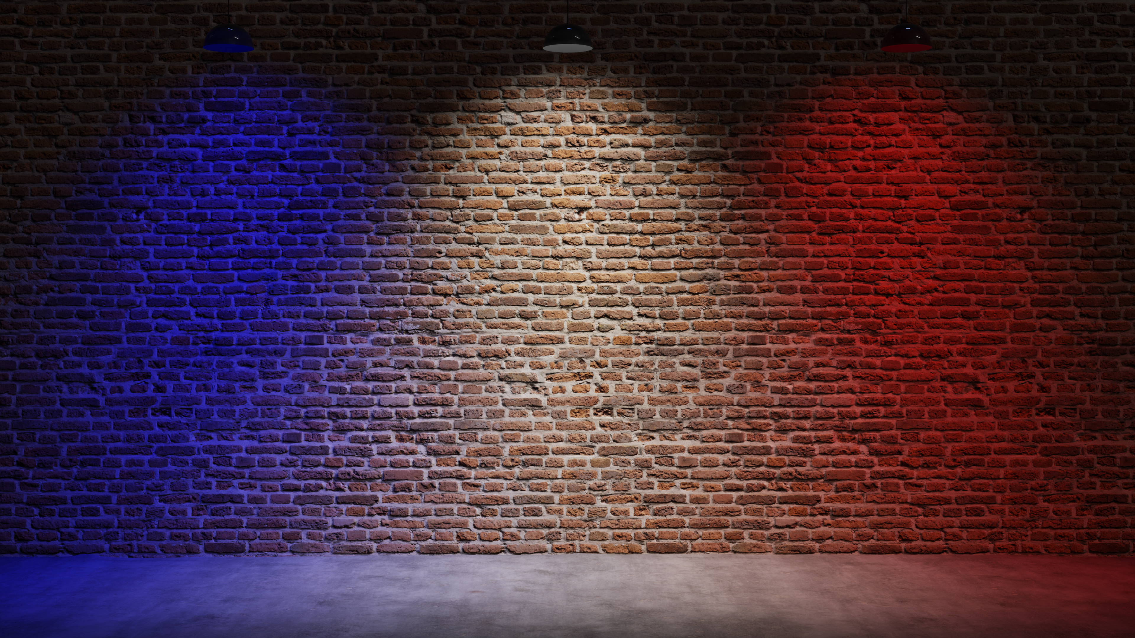 Brown brick wall background with spot lighting effect. Blue, White, Red