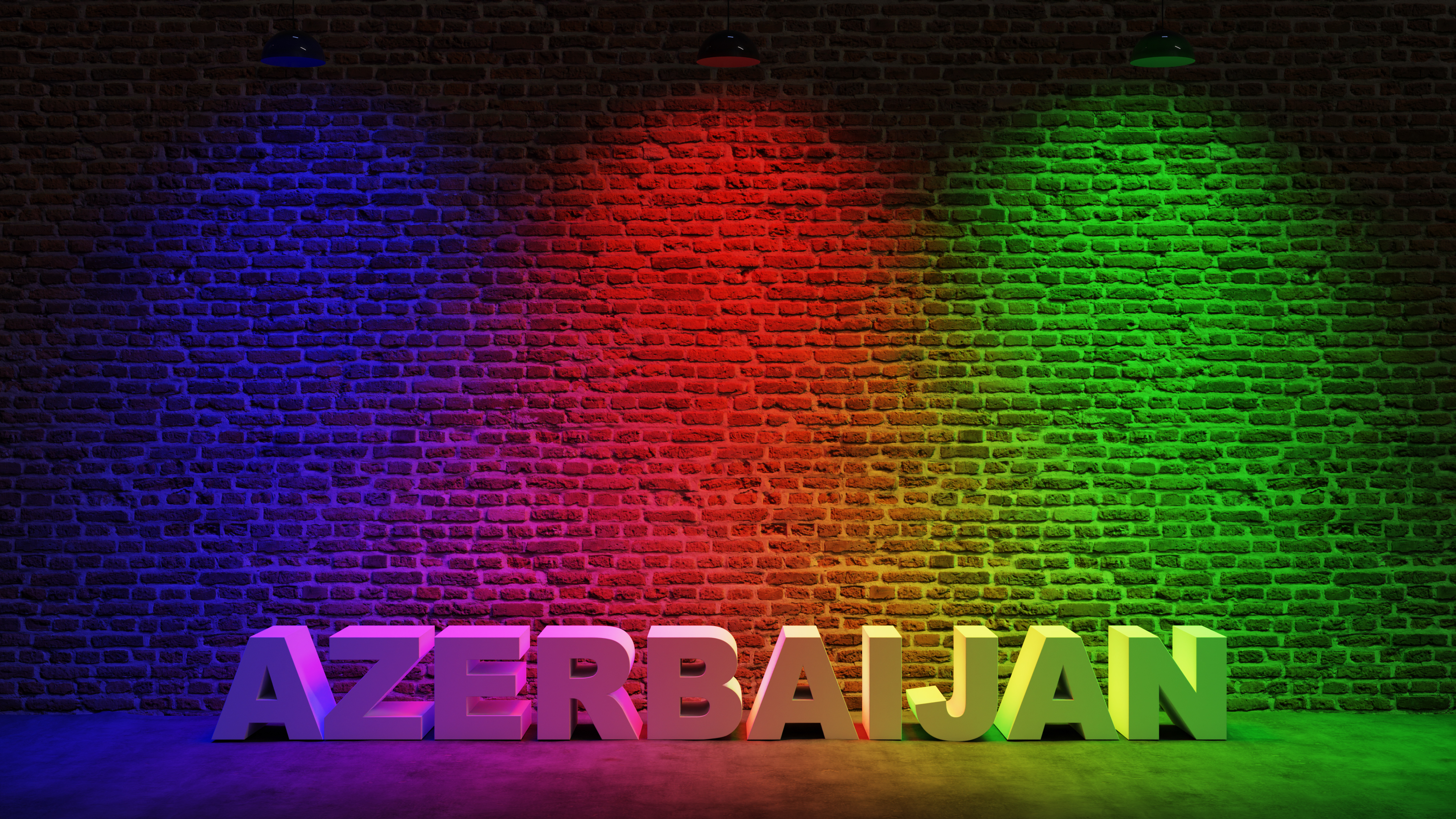 Brown brick wall background with spot lighting effect. Blue, Red, Green. AZERBAIJAN
