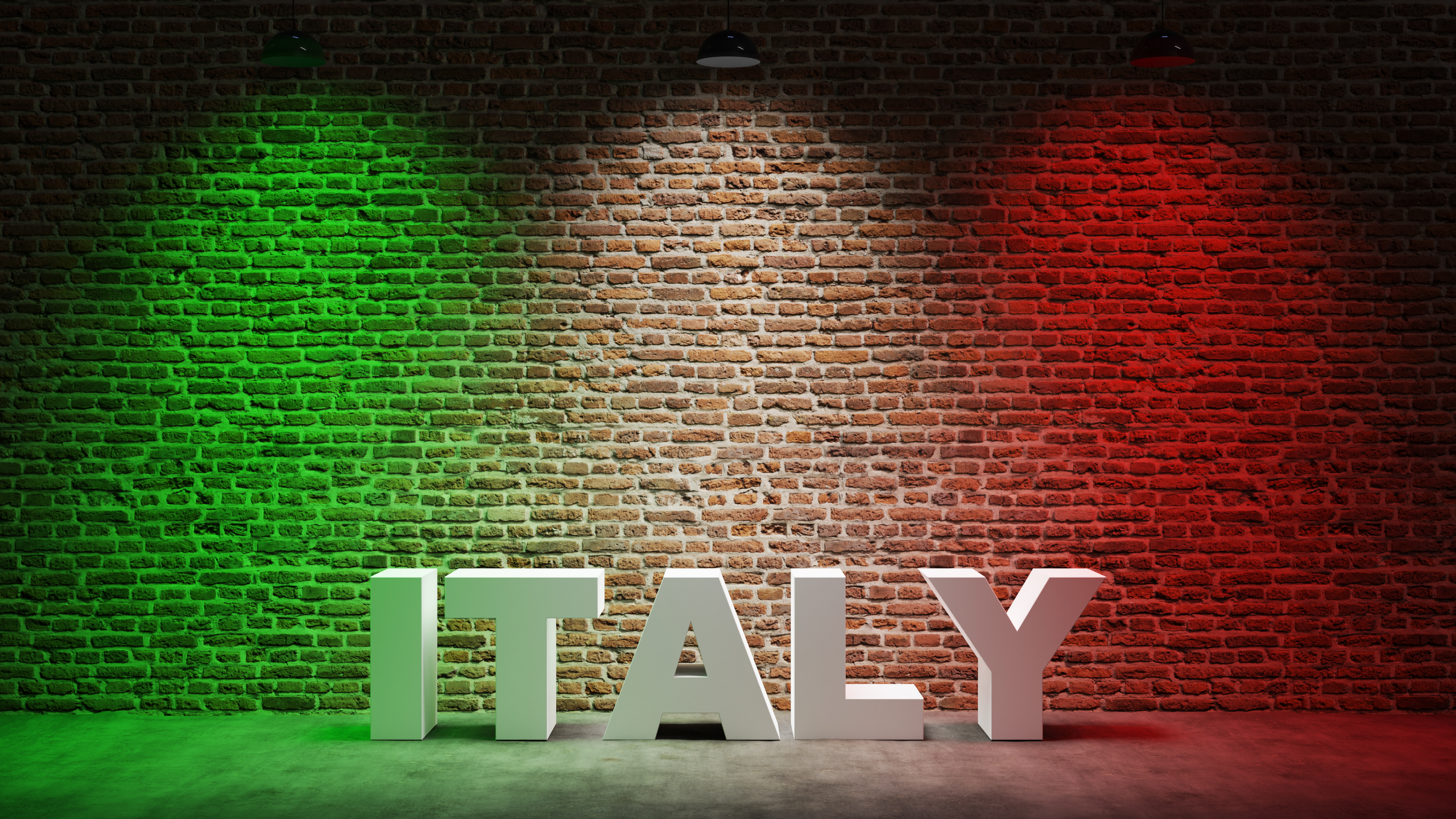 Brown brick wall background with spot lighting effect. Green, White, Red. ITALY