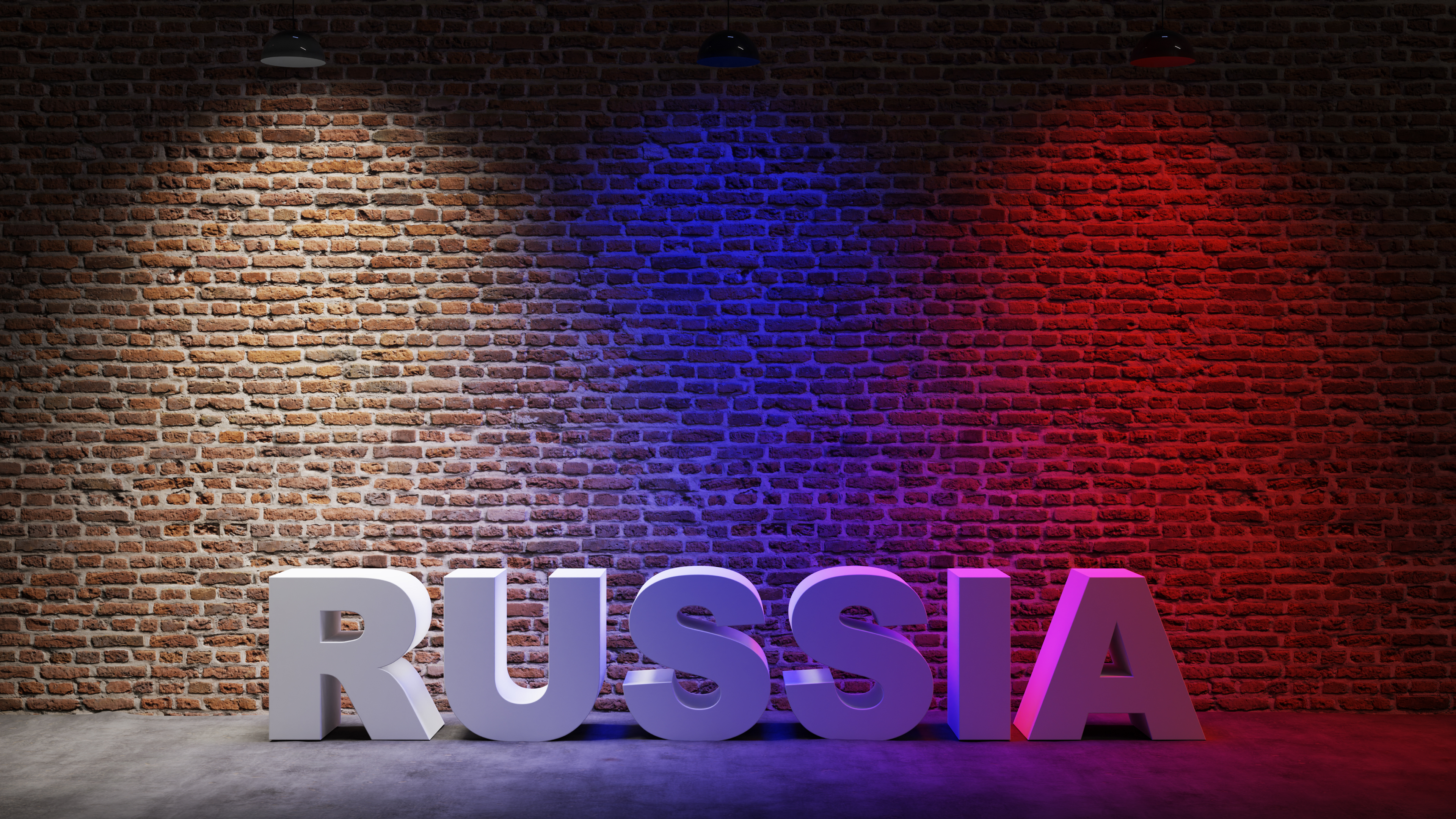 Brown brick wall background with spot lighting effect. White. Blue, Red. RUSSIA