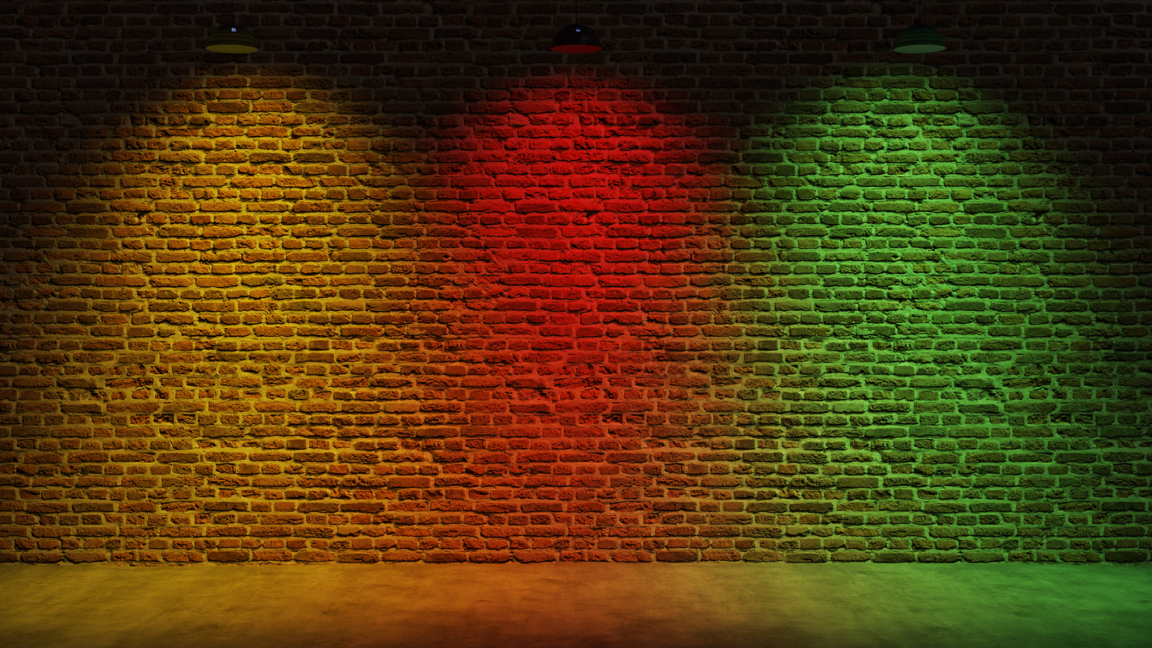 Brown brick wall background with spot lighting effect. Yellow, Red, Green