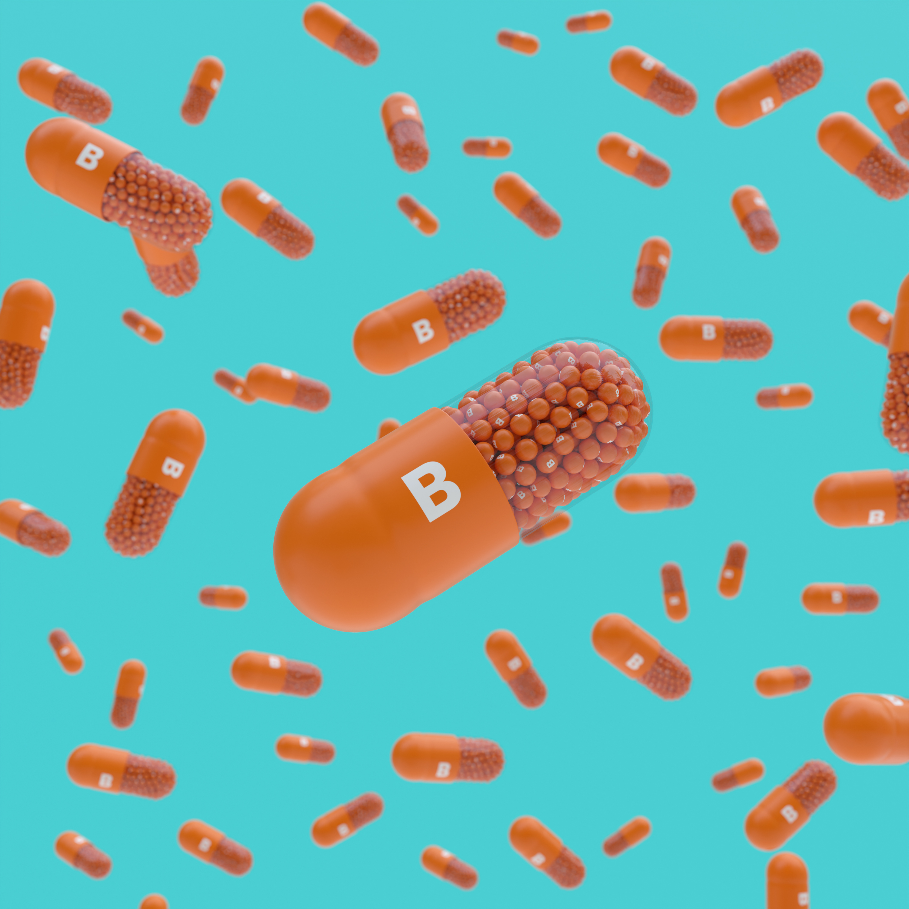 Close-up of pill capsule labeled B