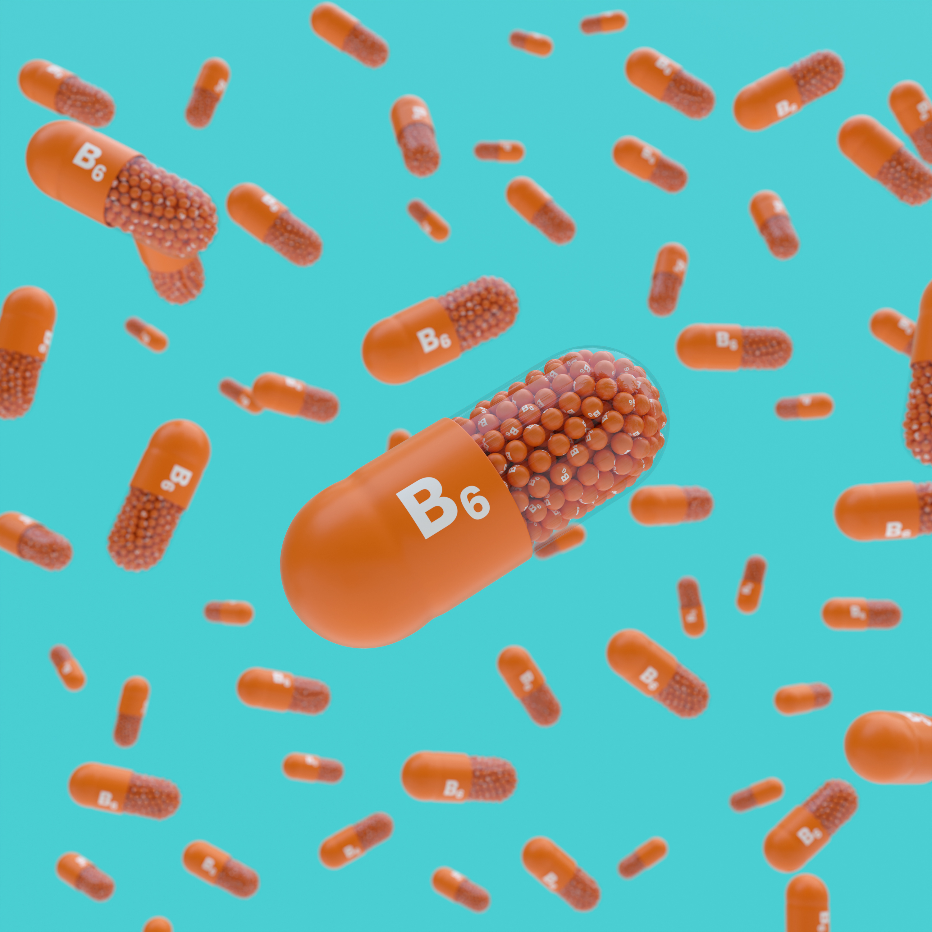 Close-up of pill capsule labeled B6