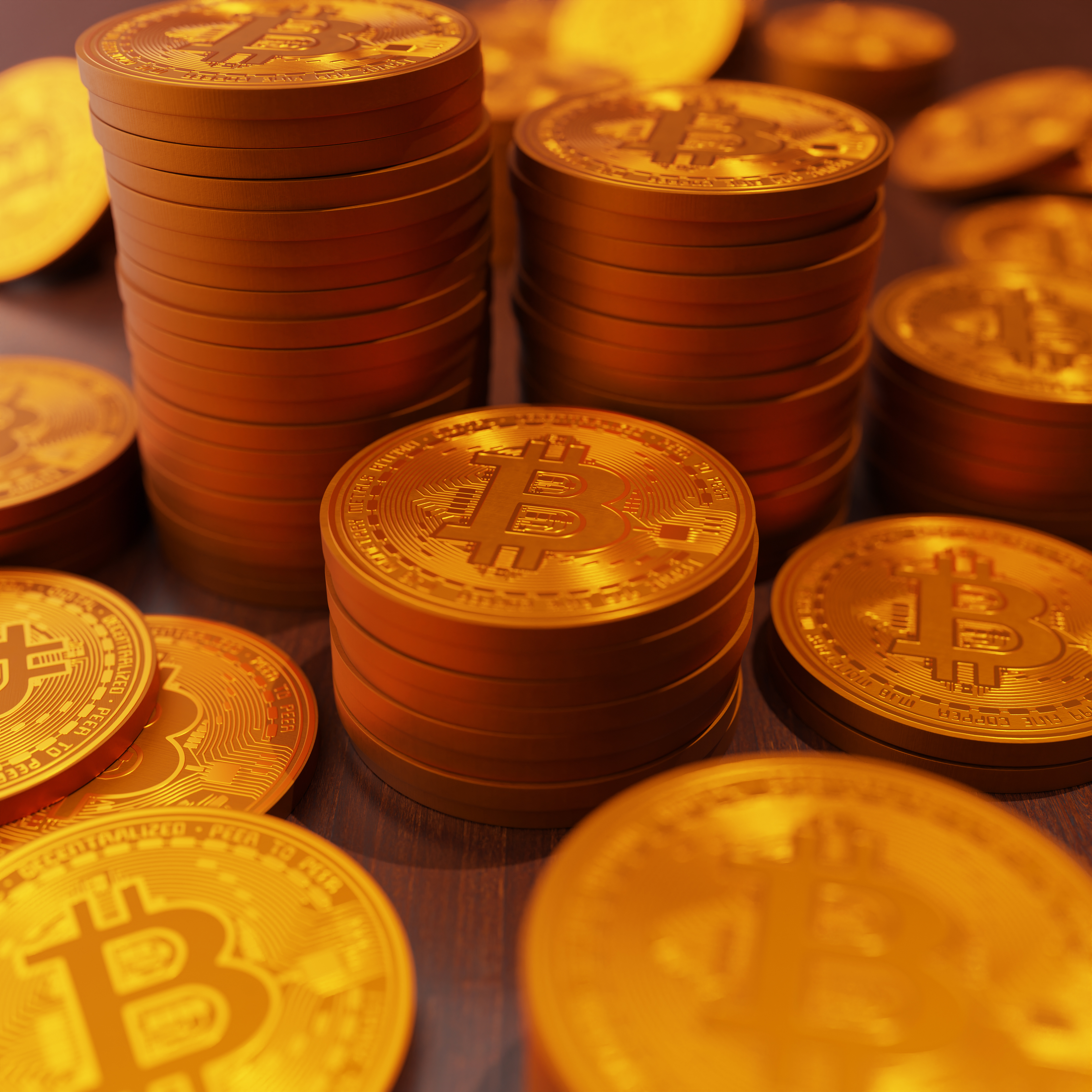 Golden Bitcoin Coins on Wooden Background-2