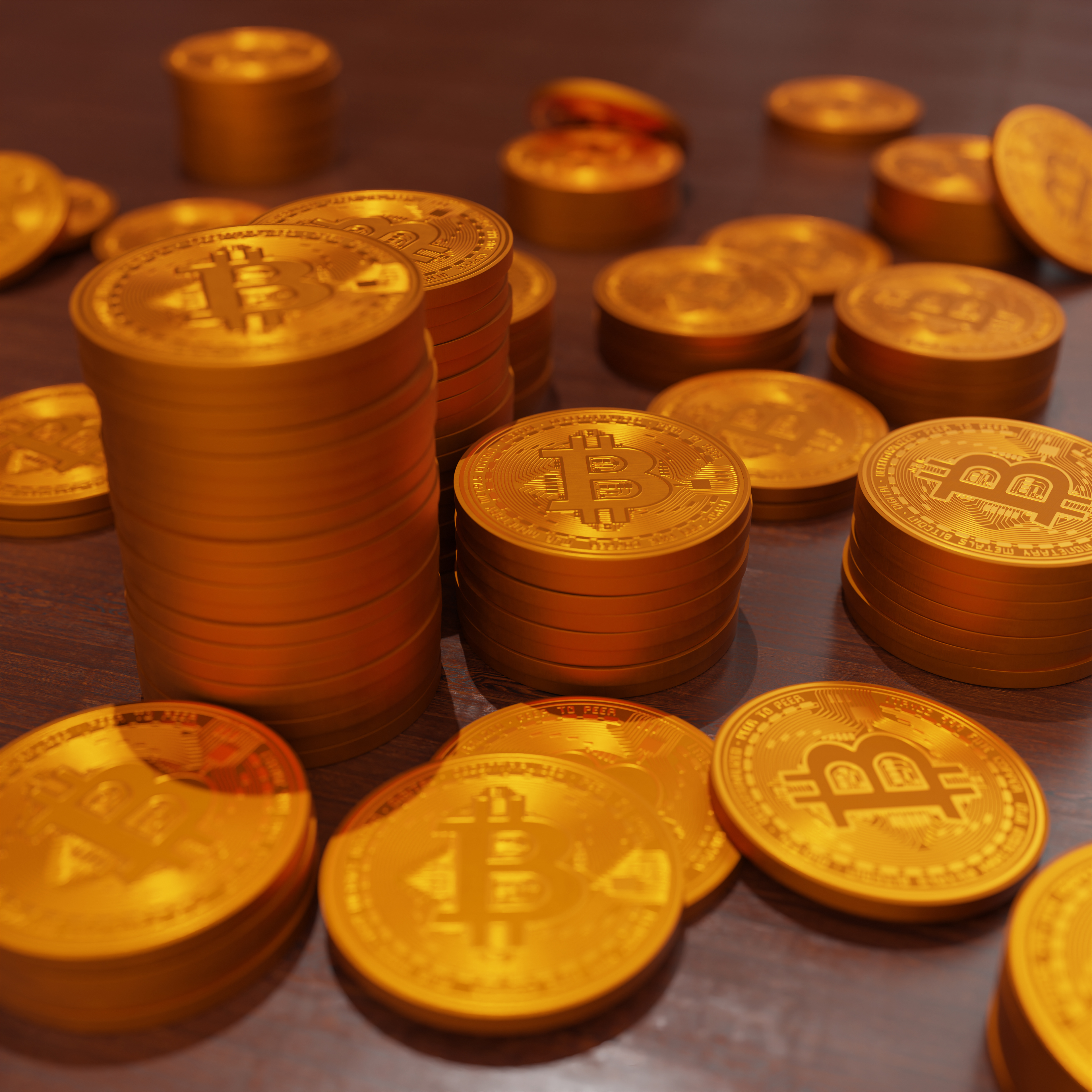 Golden Bitcoin Coins on Wooden Background-1