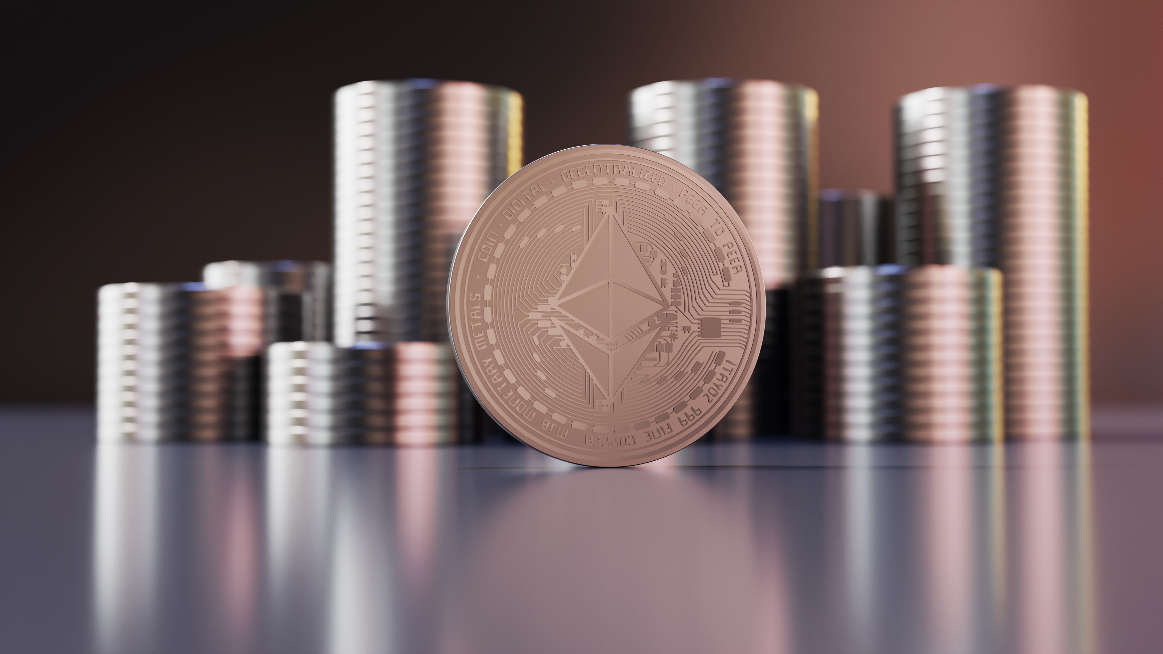 Silver Ethereum With Coins In The Background