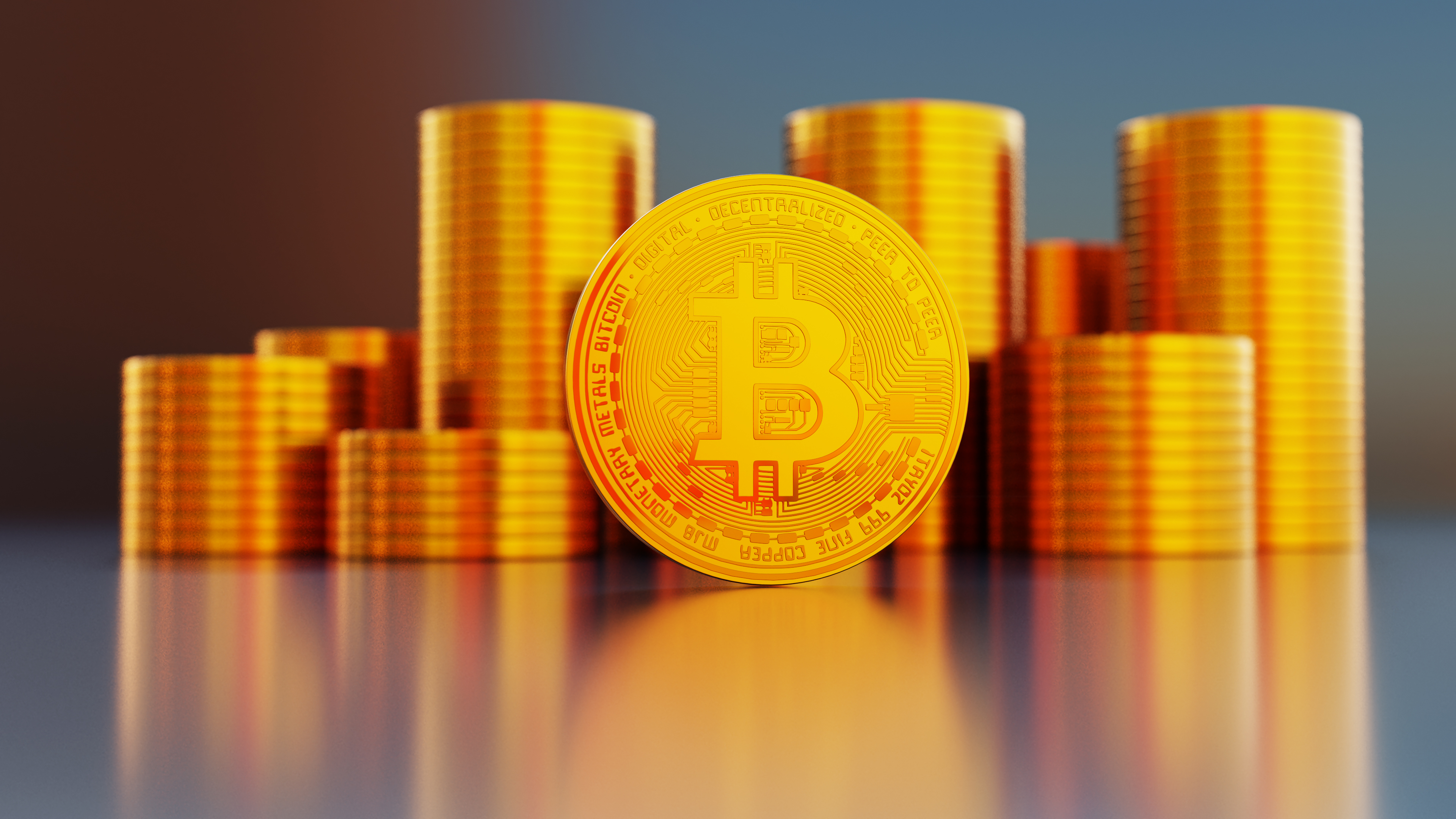 Golden Bitcoins With Coins In The Background