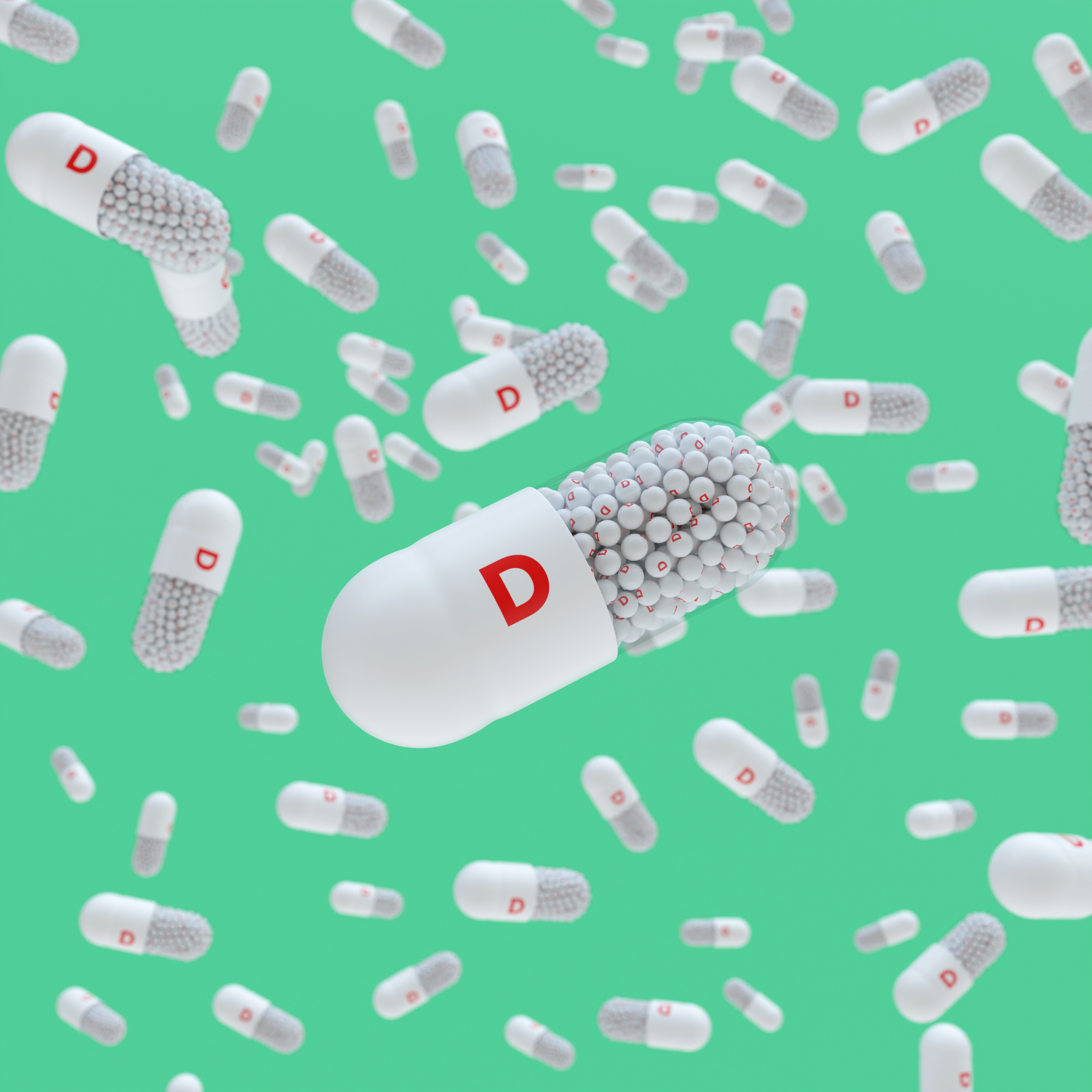 Close-up of a pill capsule with the label Vitamin D