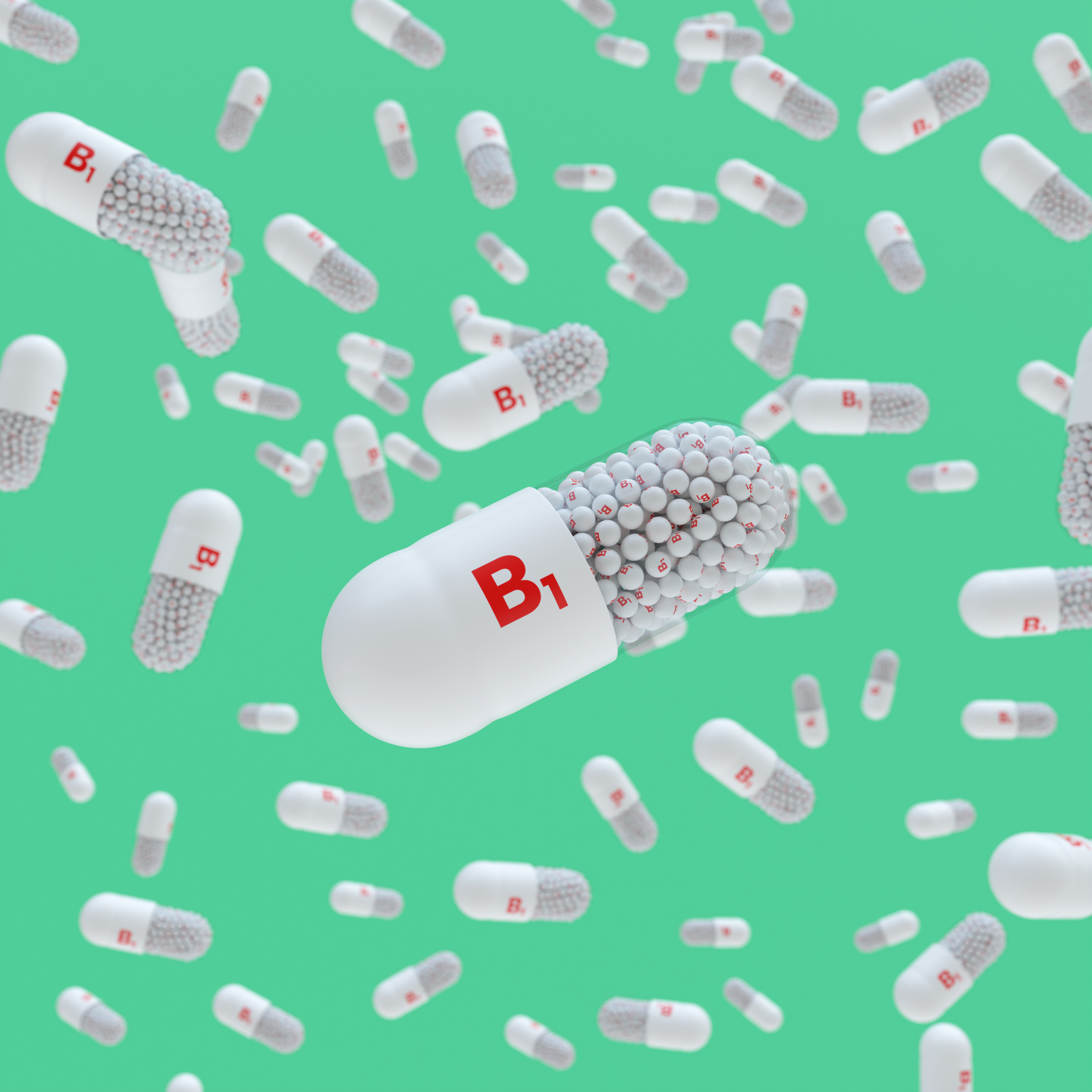 Close-up of a pill capsule with the label Vitamin B1