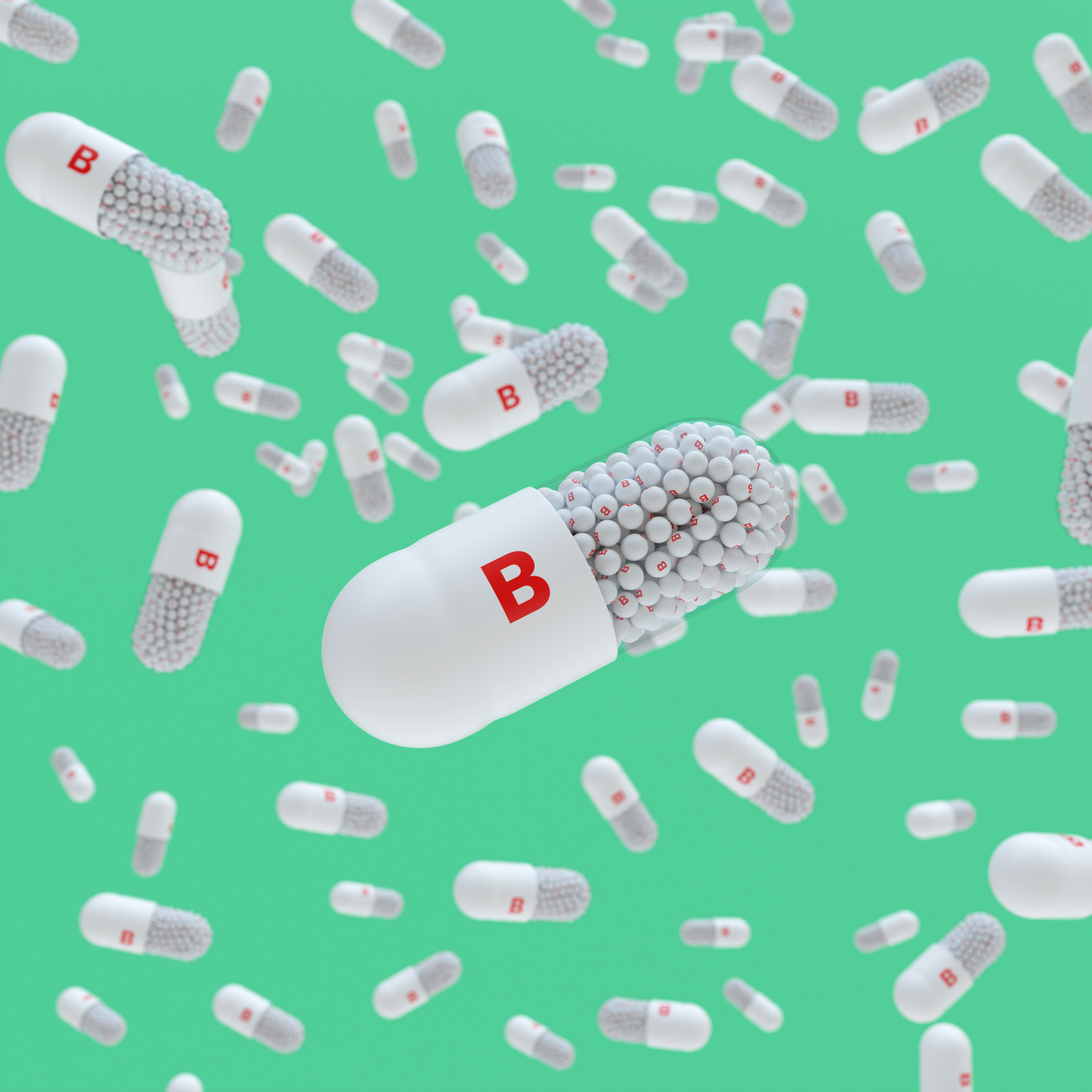 Close-up of a pill capsule with the label Vitamin B