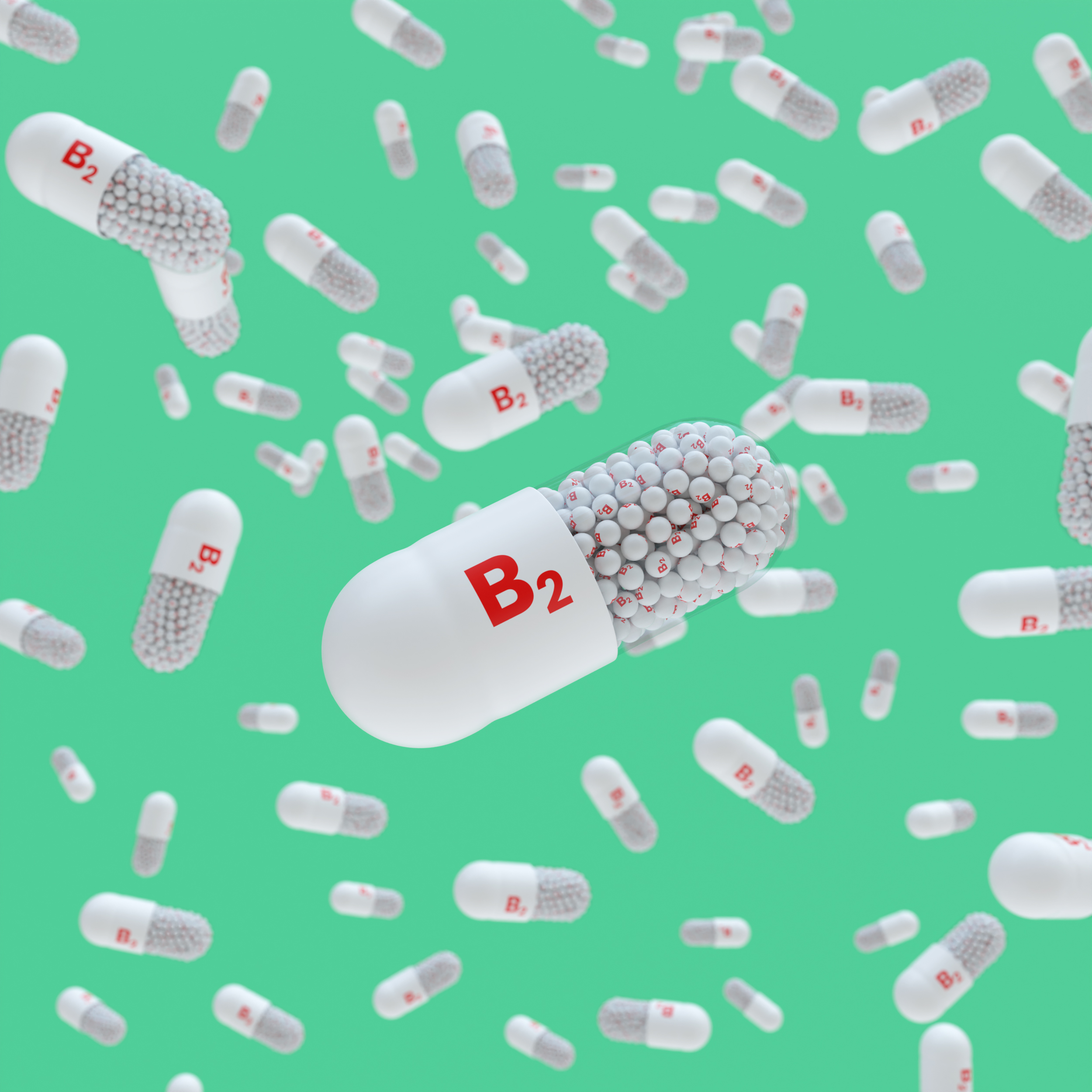 Close-up of a pill capsule with the label Vitamin B2