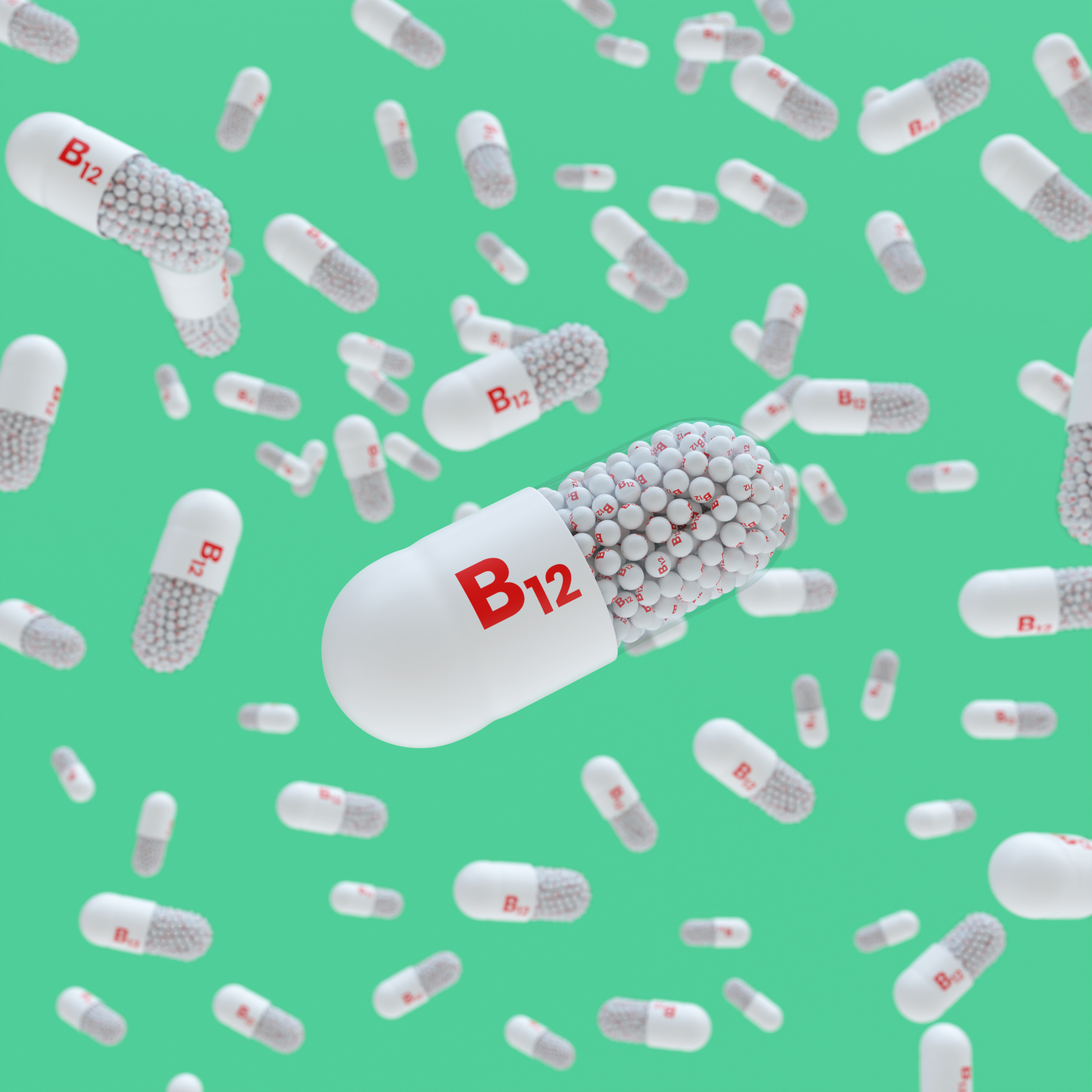 Close-up of a pill capsule with the label Vitamin B12