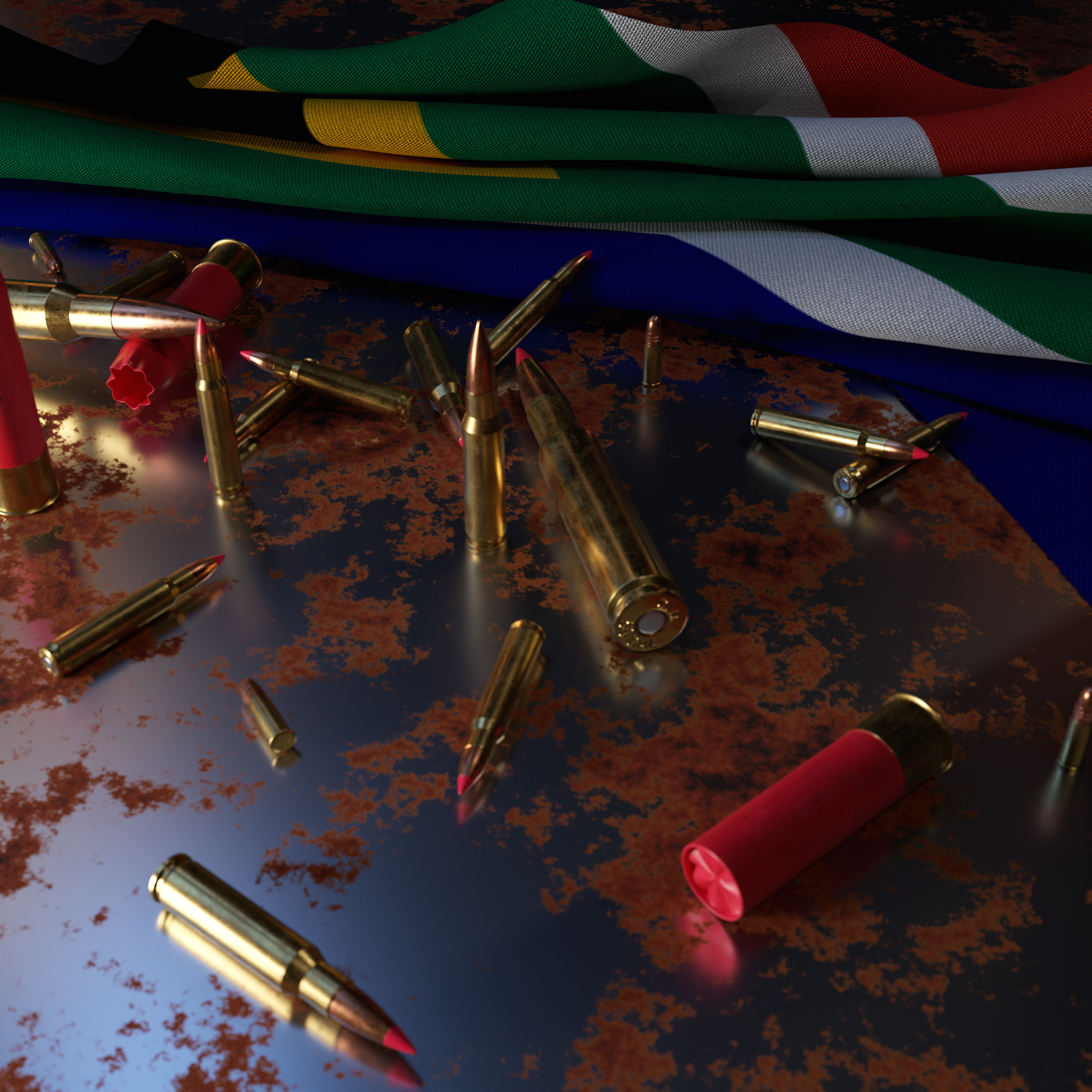 South Africa Flag with Bullets On Rusty Metal Plate