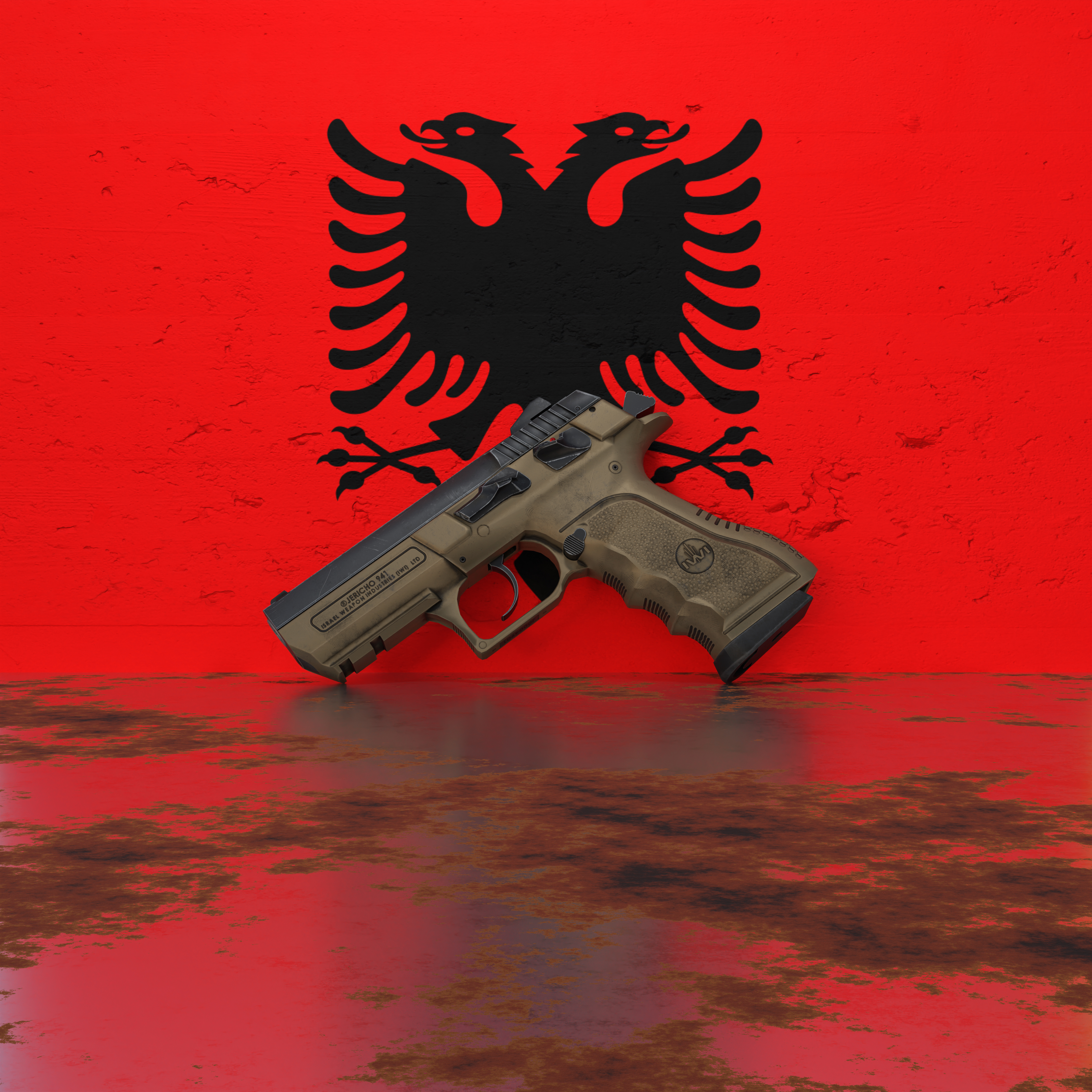 A pistol in front of a wall featuring the flag of Albania