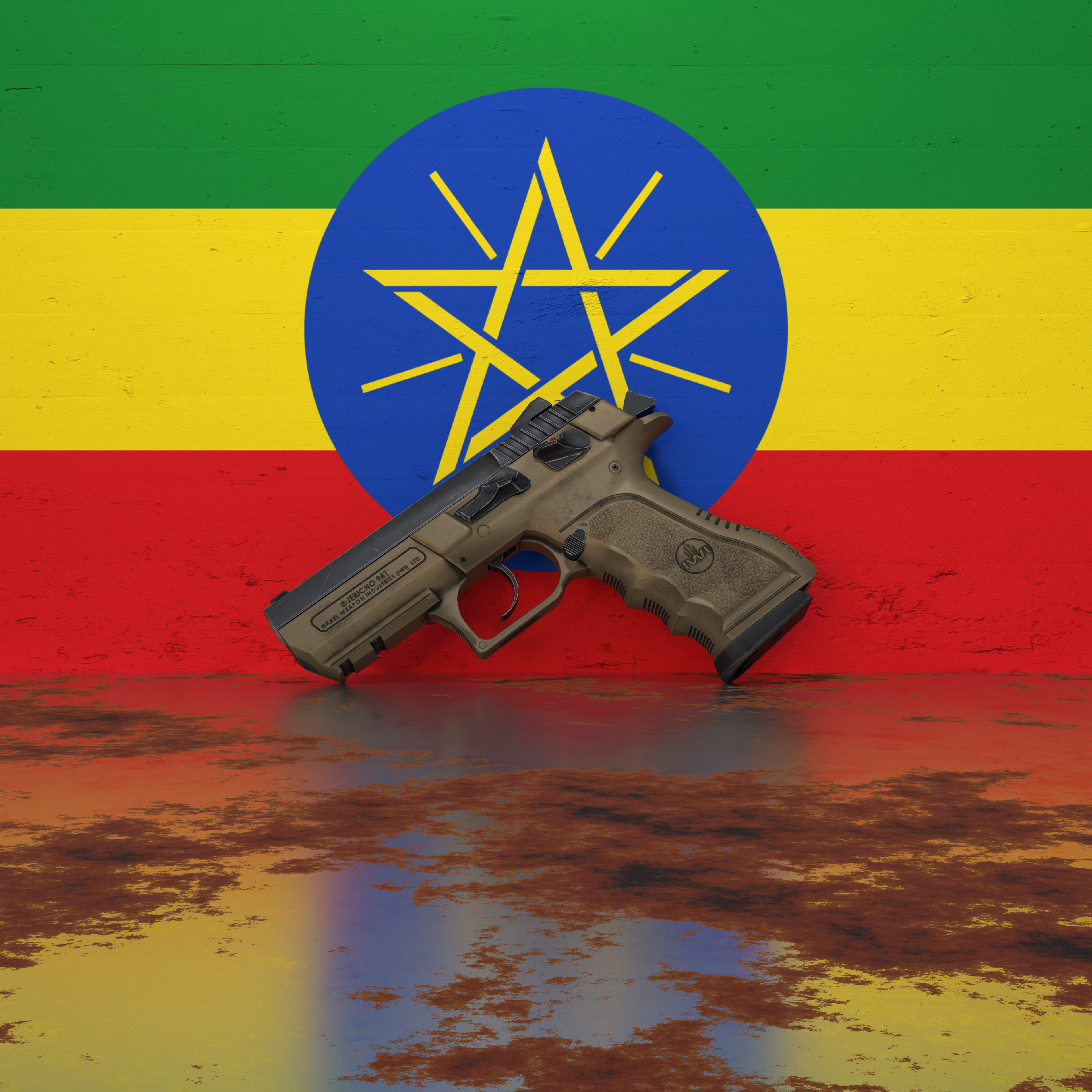 A pistol in front of a wall featuring the flag of Ethiopia