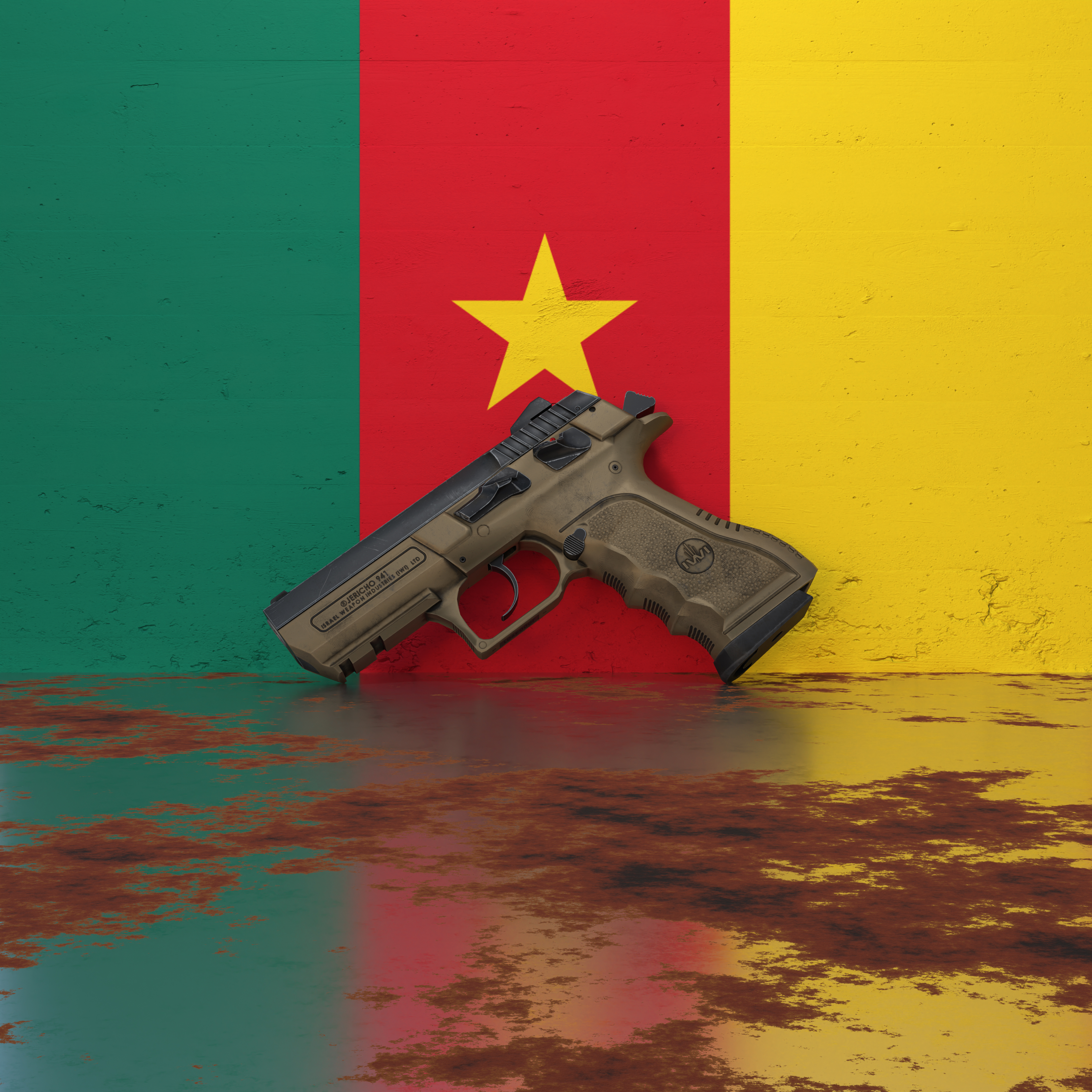 A pistol in front of a wall featuring the flag of Cameroon