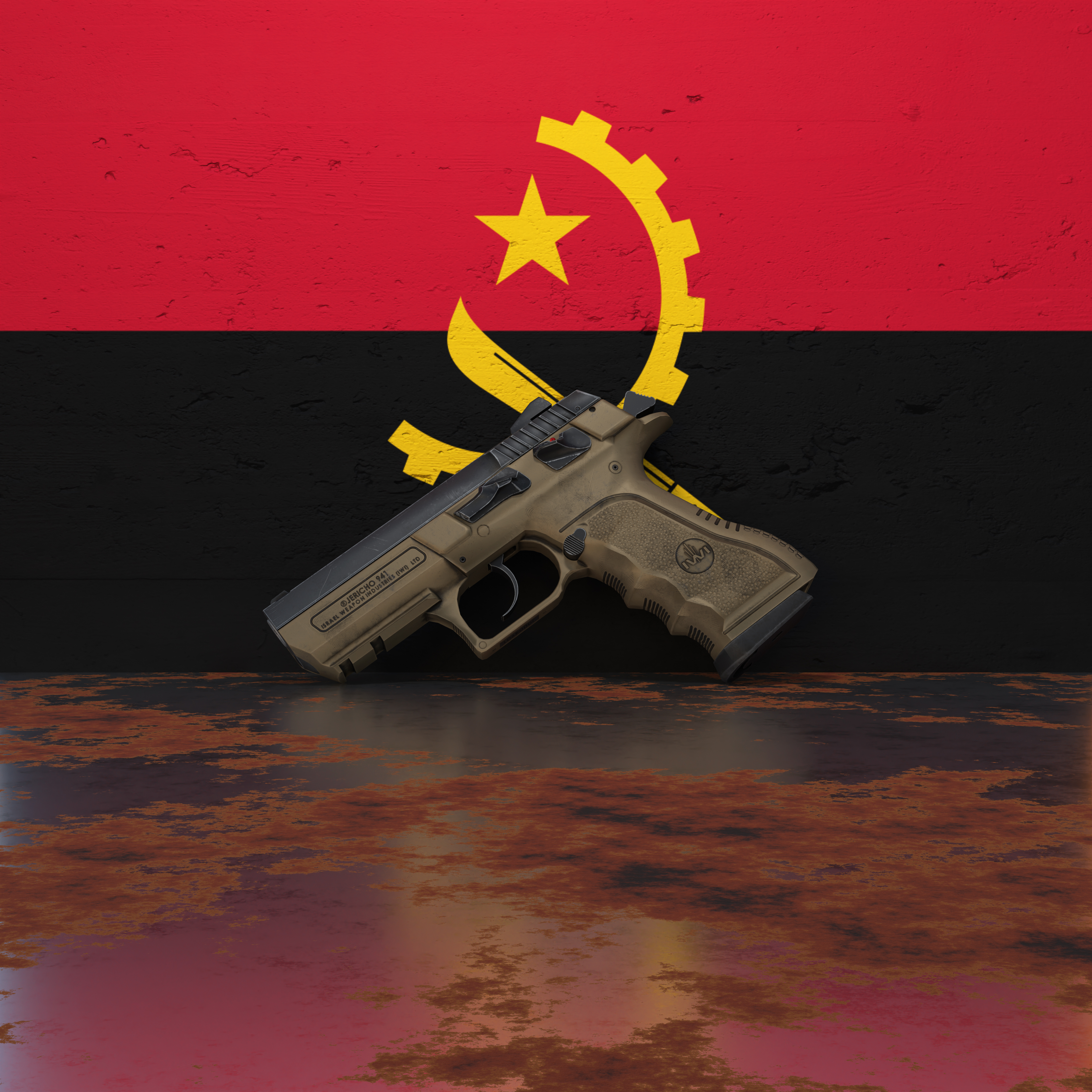 A pistol in front of a wall featuring the flag of Angola