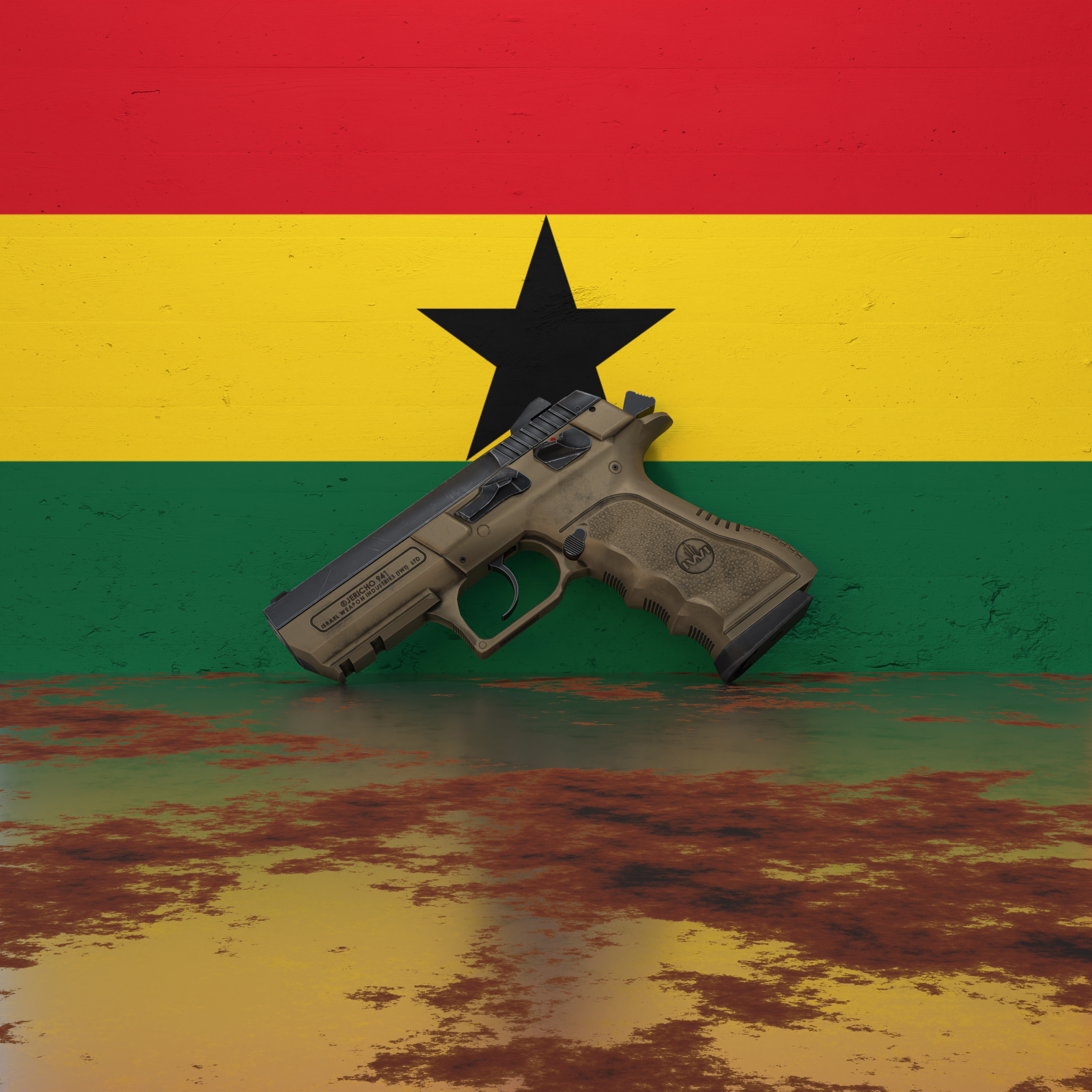 A pistol in front of a wall featuring the flag of Ghana