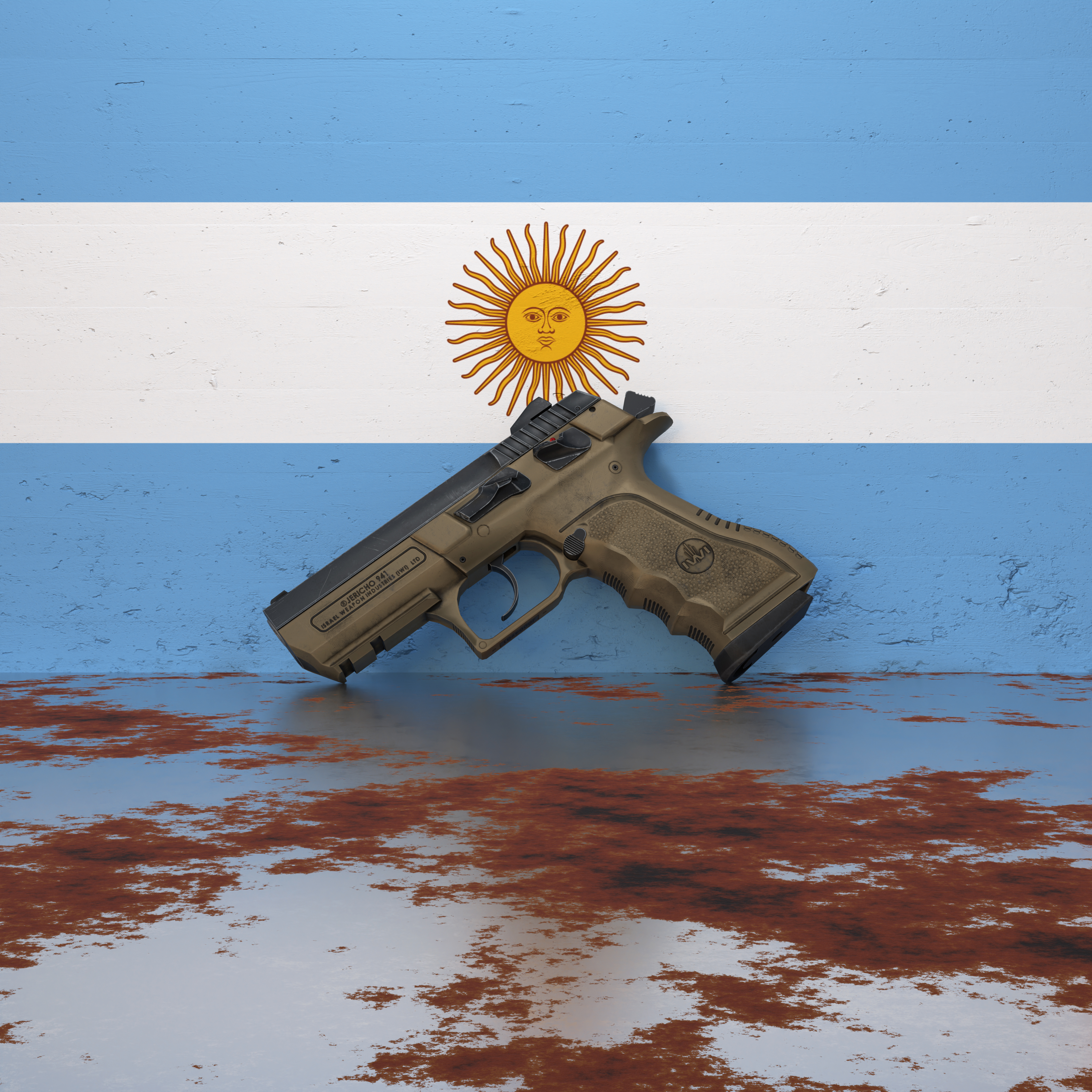 A pistol in front of a wall featuring the flag of Argentina