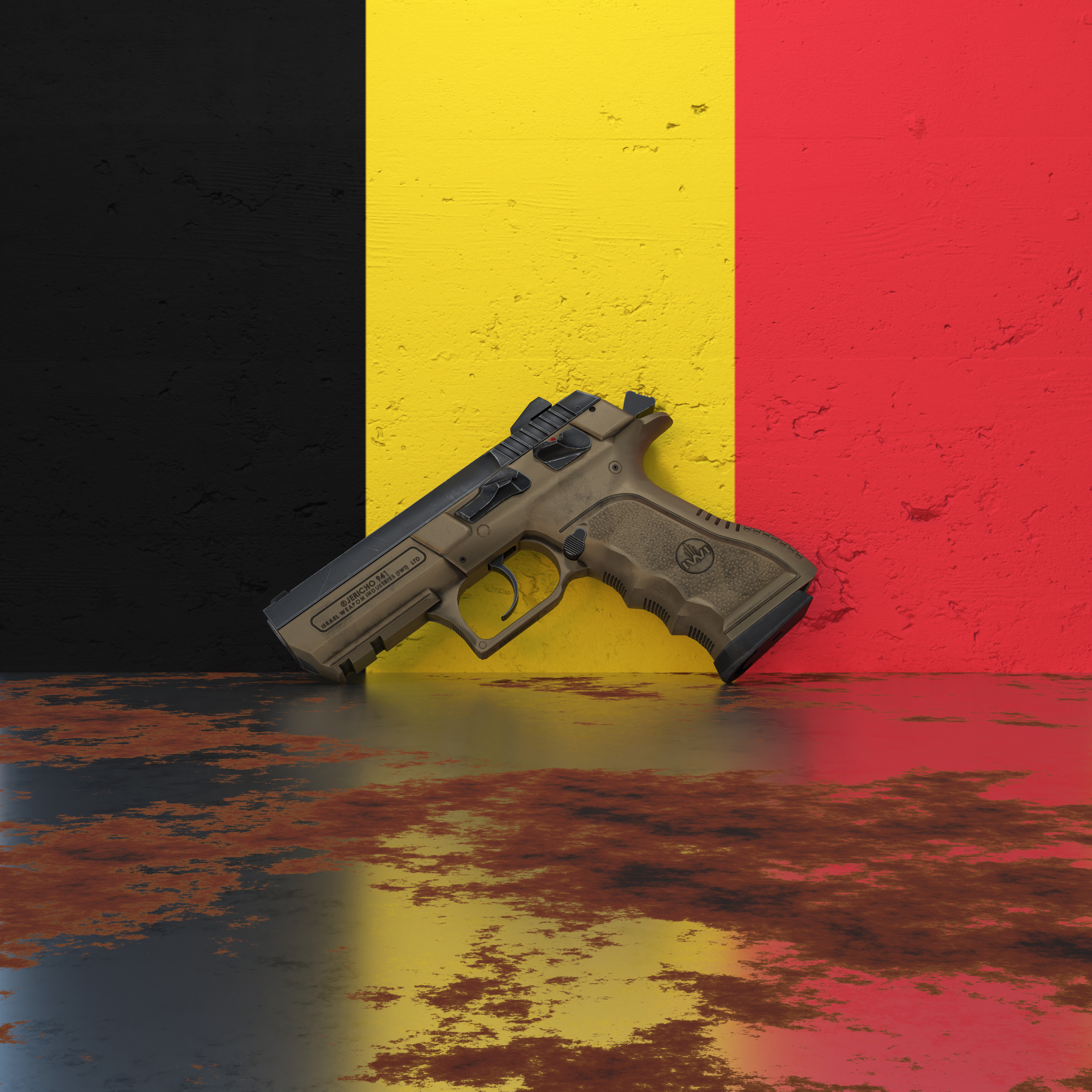 A pistol in front of a wall featuring the flag of Belgium