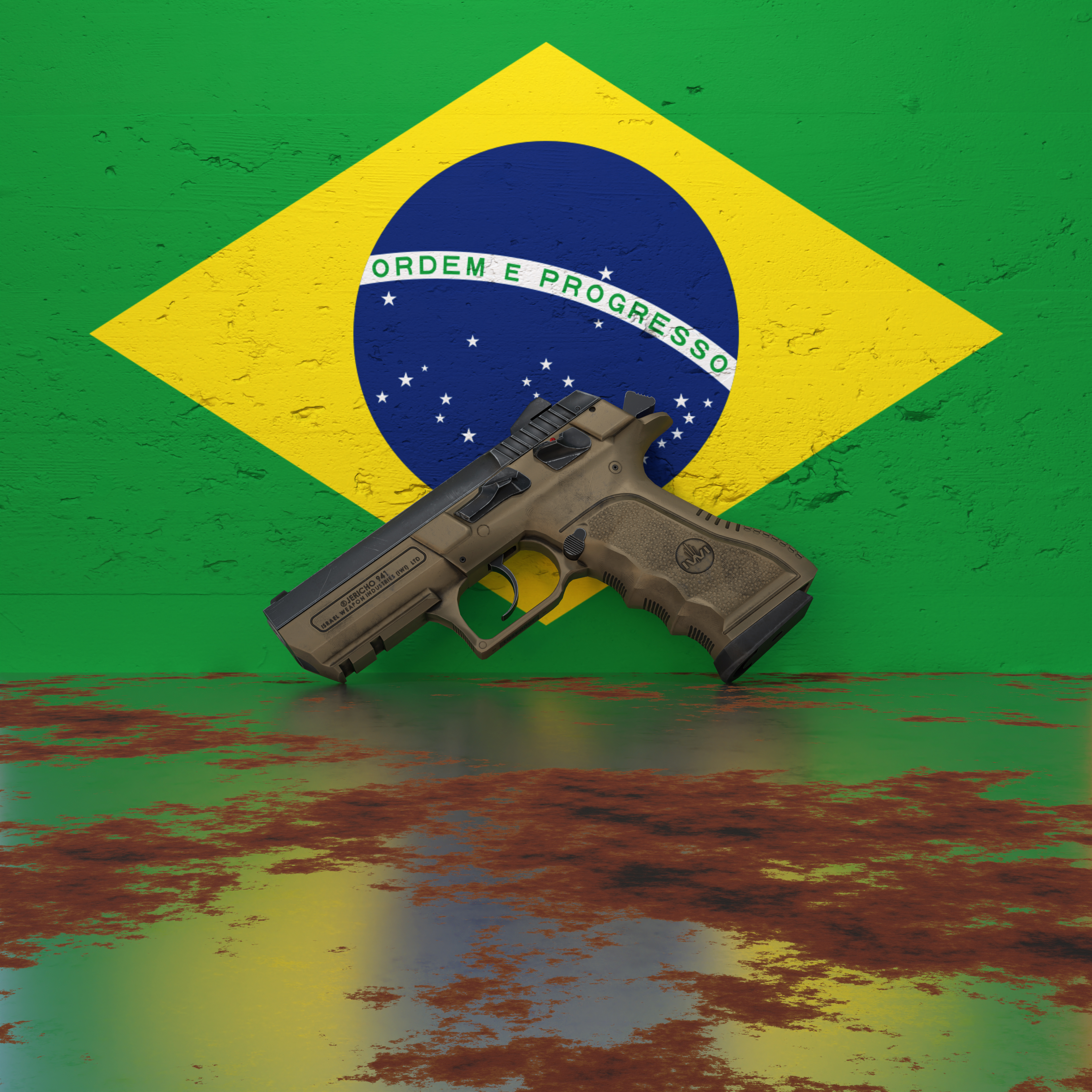 A pistol in front of a wall featuring the flag of Brazil