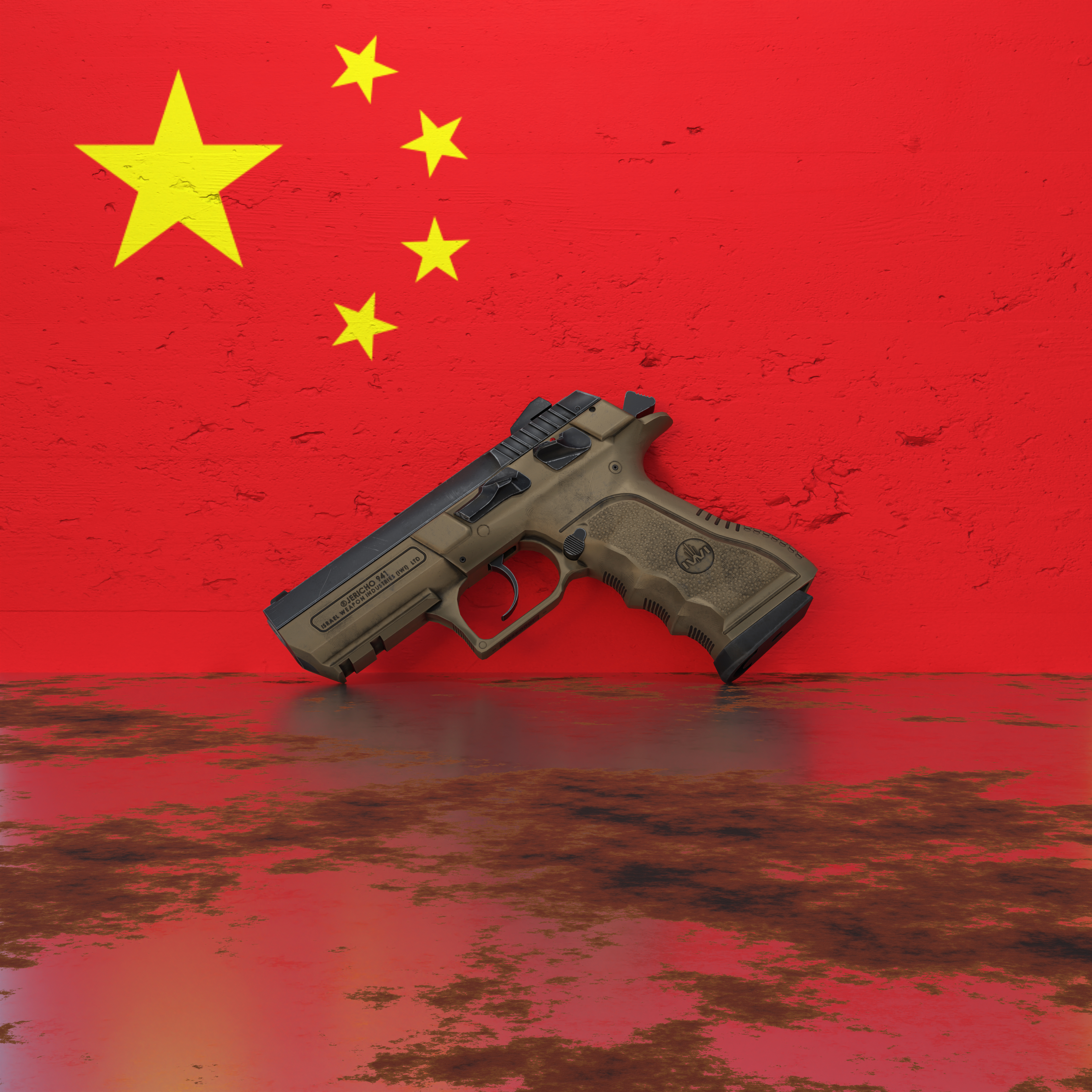 A pistol in front of a wall featuring the flag of China