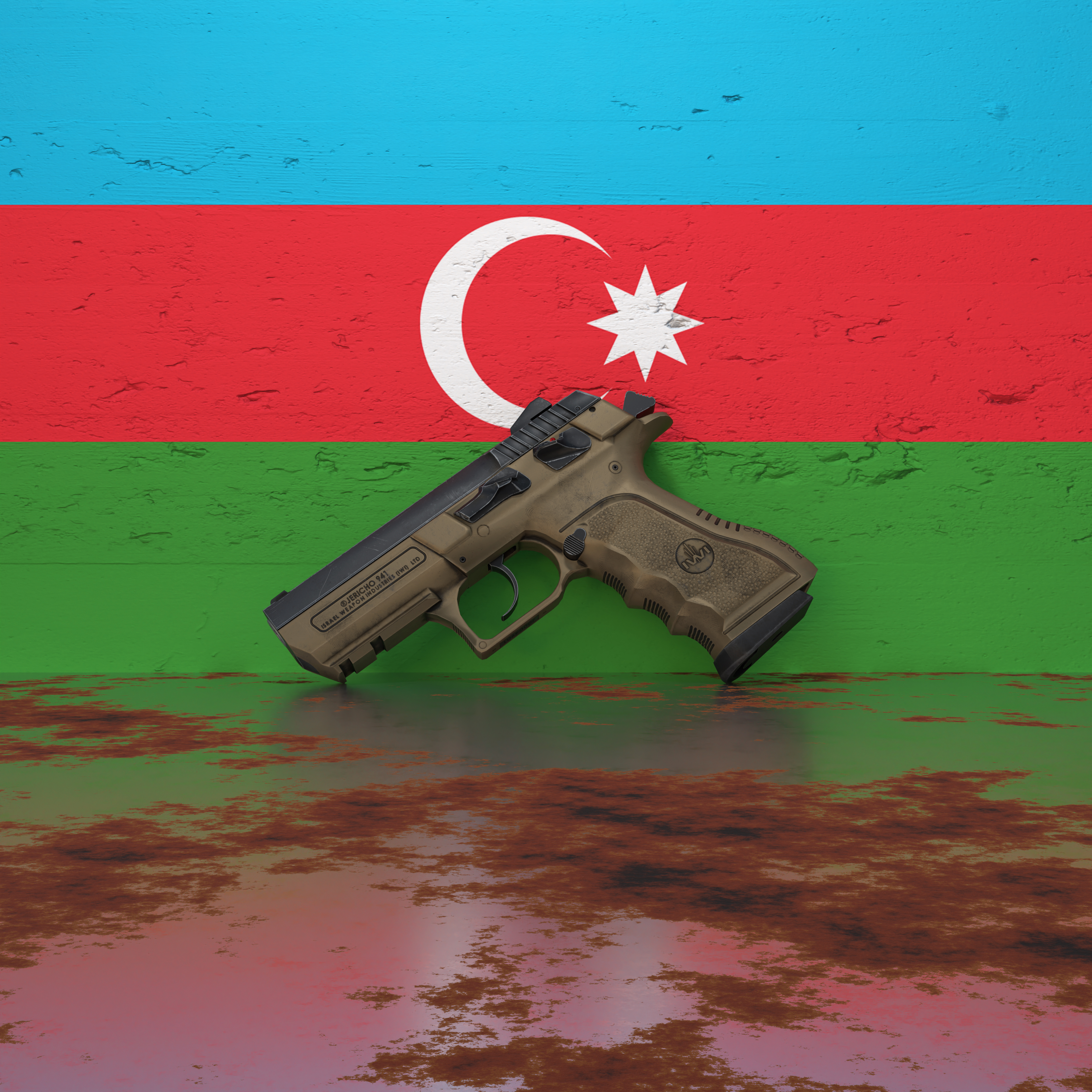 A pistol in front of a wall featuring the flag of Azerbaijan