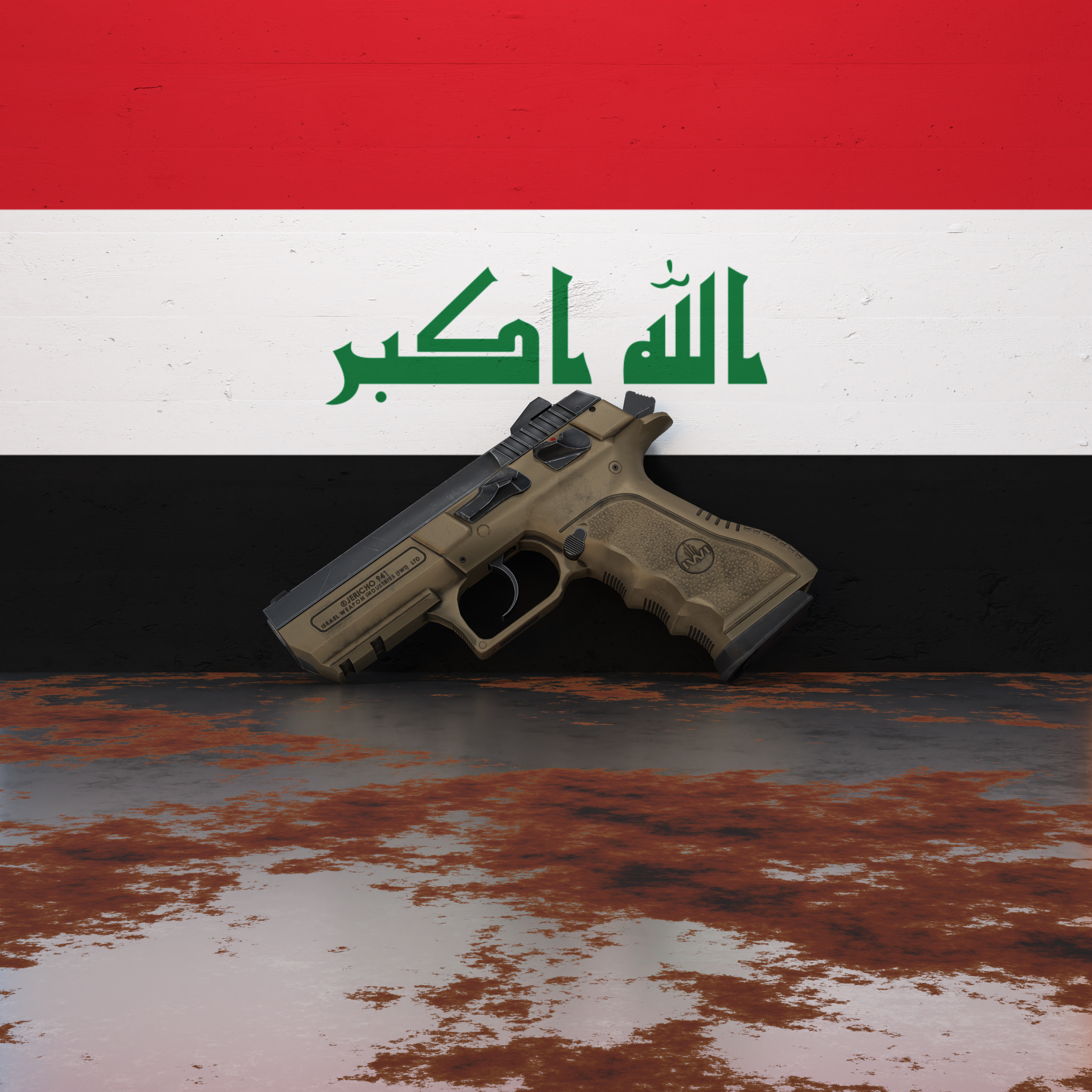 A pistol in front of a wall featuring the flag of Iraq