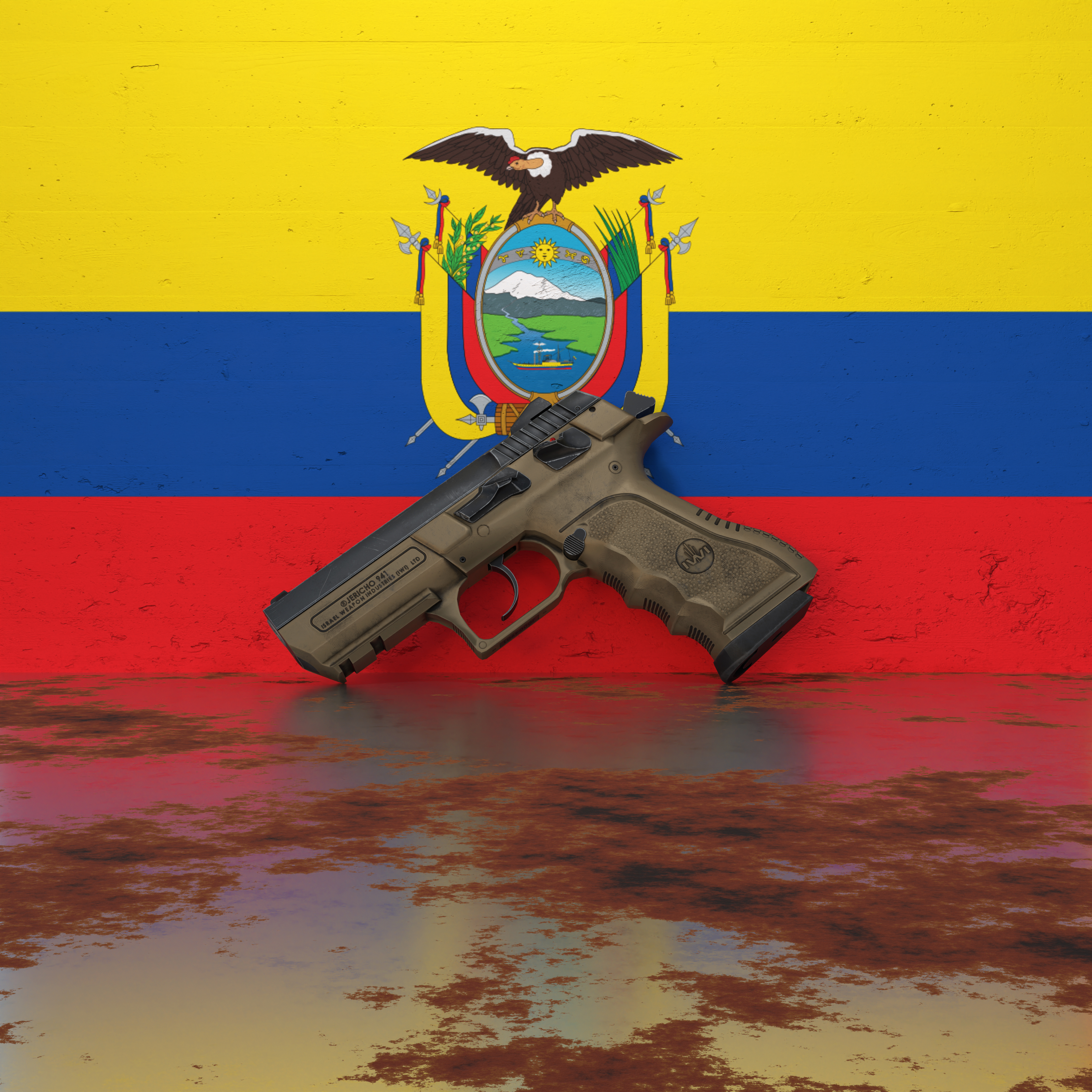 A pistol in front of a wall featuring the flag of Ecuador